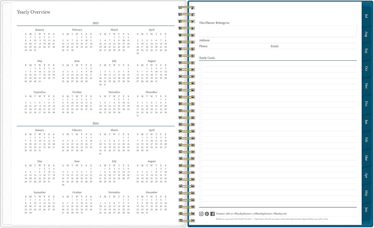 Blue Sky 2023-2024 Academic Year Weekly and Monthly Planner, 8.5" x 11", Frosted Flexible Cover, Wirebound, Bakah Blue (131951-A24)