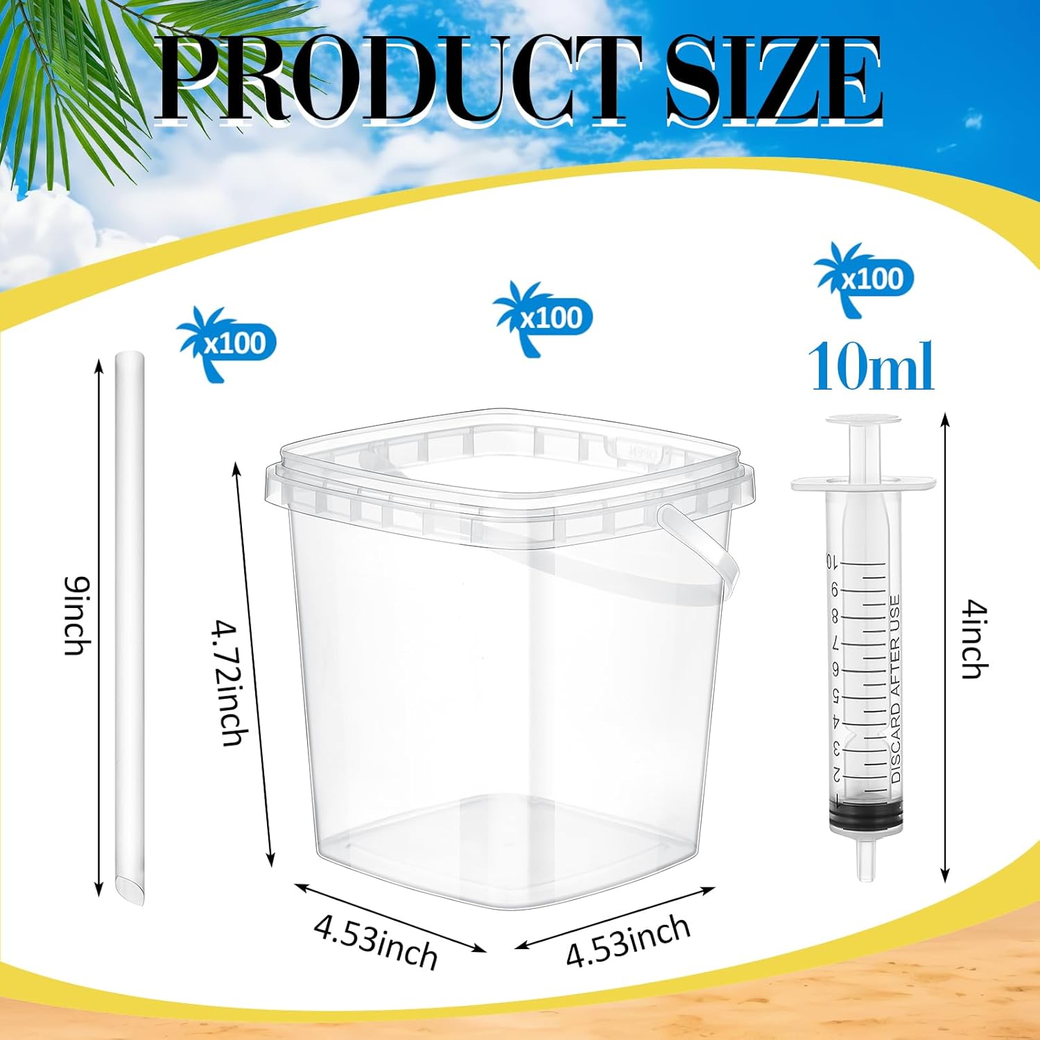 100 Set Disposable Drink Buckets with Lids and Straws, 33.8 oz Mini Cocktail Bucket Cups with Handle and Beverage Syringes, Clear Plastic Party Drink Buckets for Cocktails, Beer