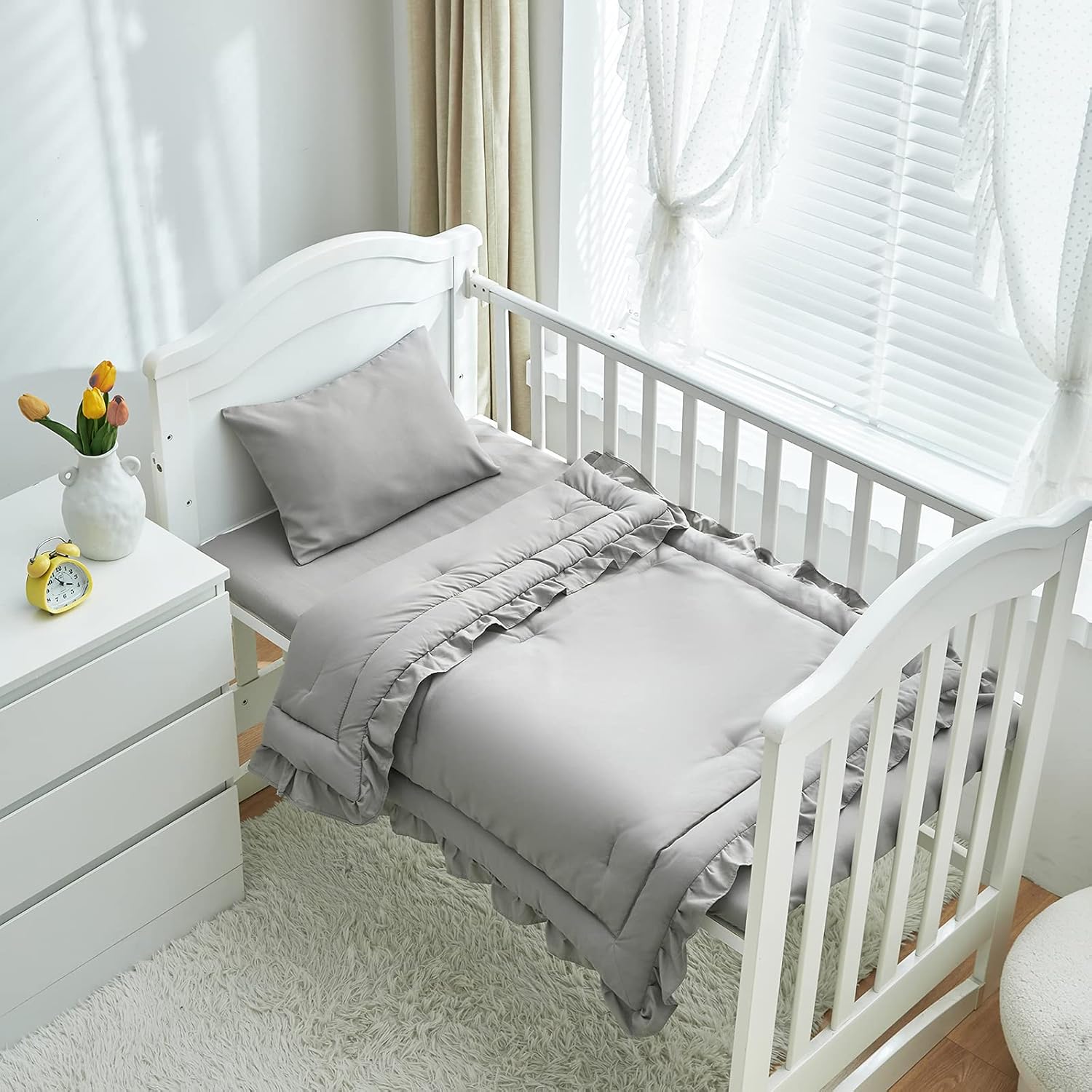 3 Pieces Crib Bedding Set Baby Ruffle Quilted Comforter with Fitted Sheet and Pillow - Cute Ruffled Shabby Chic Bedding Soft Blanket Design Gray : Baby