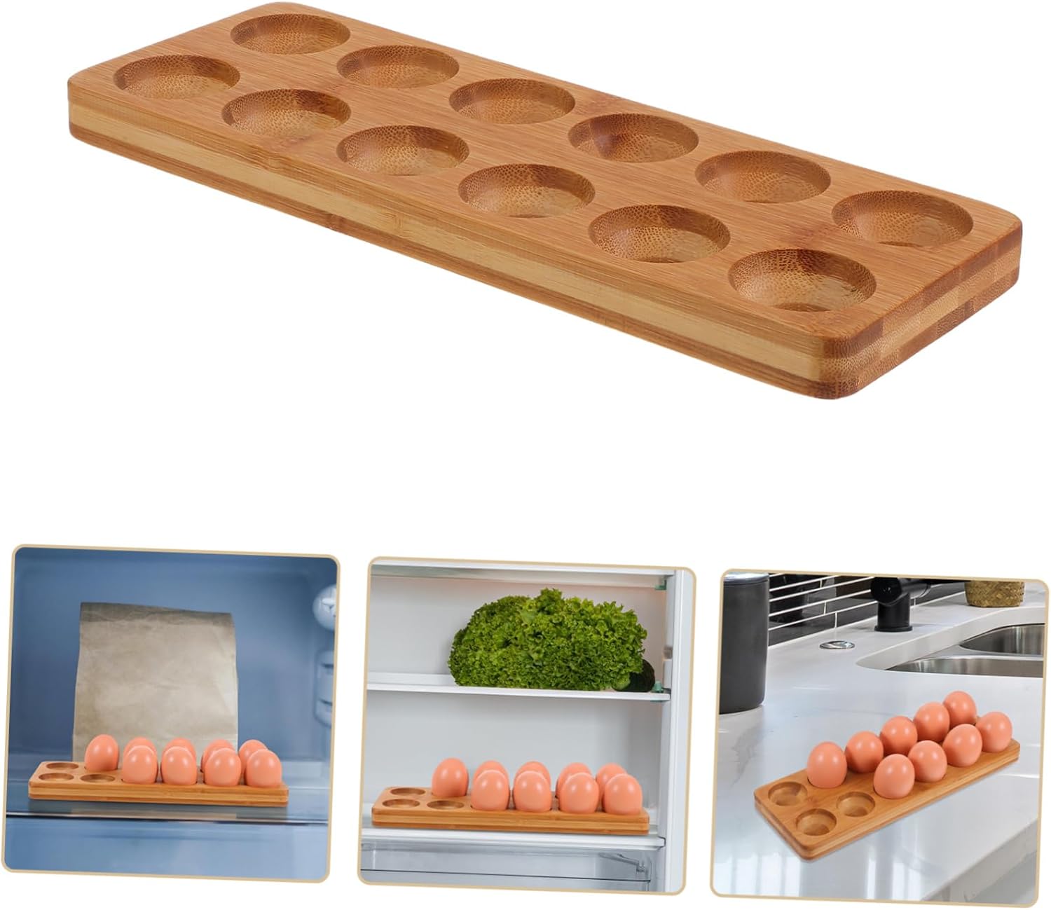 ABOOFAN 12Holes Wooden Egg Holder with Compact Egg Organizer for Fridge Countertop Stylish Egg Serving Tray for Convenient Storage for Kitchens Home Decor