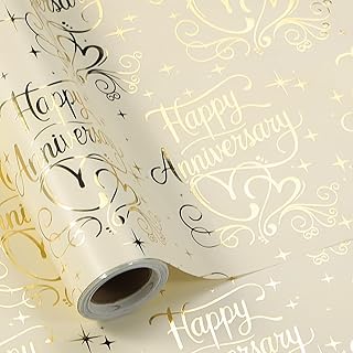 LeZakaa Happy Anniversary Wrapping Paper Roll, Gold Foil Anniversary & Hearts, Golden Wedding Anniversary Party Favors for Couple, Friends, Parents, Mini Roll, 17 inches x 16.4 Feet