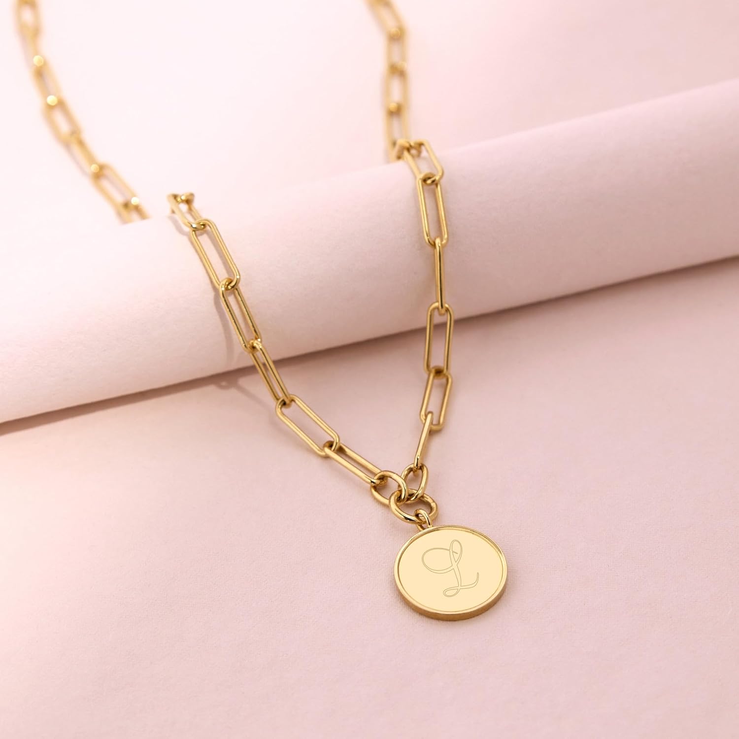 Callie Pendant Necklace - Engraved Initial or Monogram - Hypoallergenic 14K Gold Plated Brass - Gold Necklace, Paperclip Chain, Custom Jewelry - Everyday Necklace for Women - Gifts for Mom