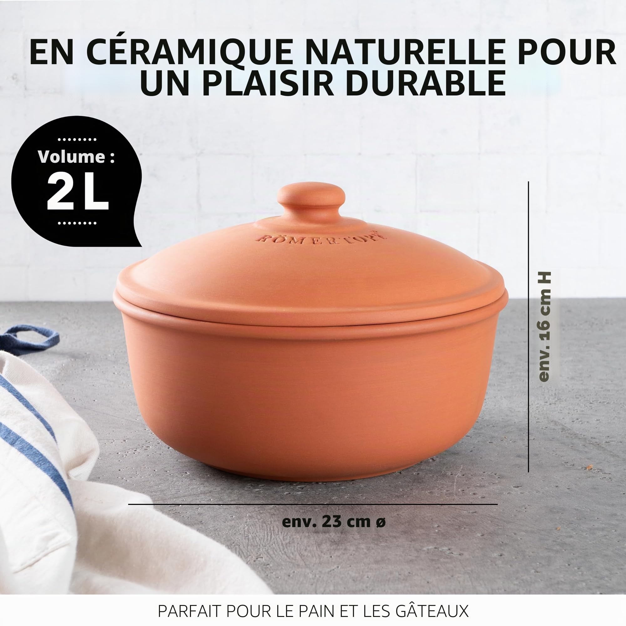 Römertopf Moule à pain en terre cuite Ø 23 cm, cocotte à pain pour une croûte croustillante, passe au lave-vaisselle, terre cuite
