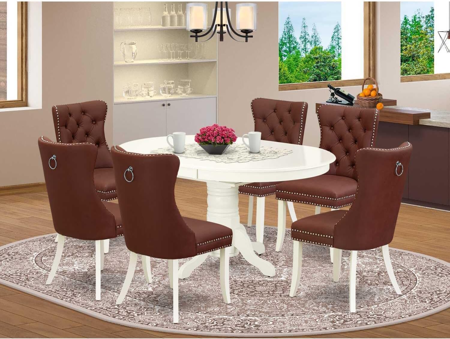 HomeStock 7 Piece Dining Table Set Includes an Oval Kitchen Table with Southwestern Style Leaf and 6 Chairs, Linen White