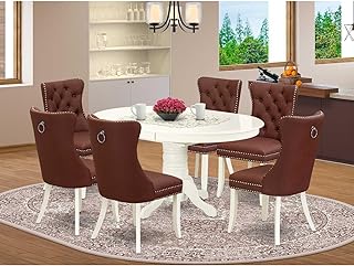 7 Piece Dining Table Set Includes an Oval Kitchen Table with Southwestern Style Leaf and 6 Chairs, Linen White