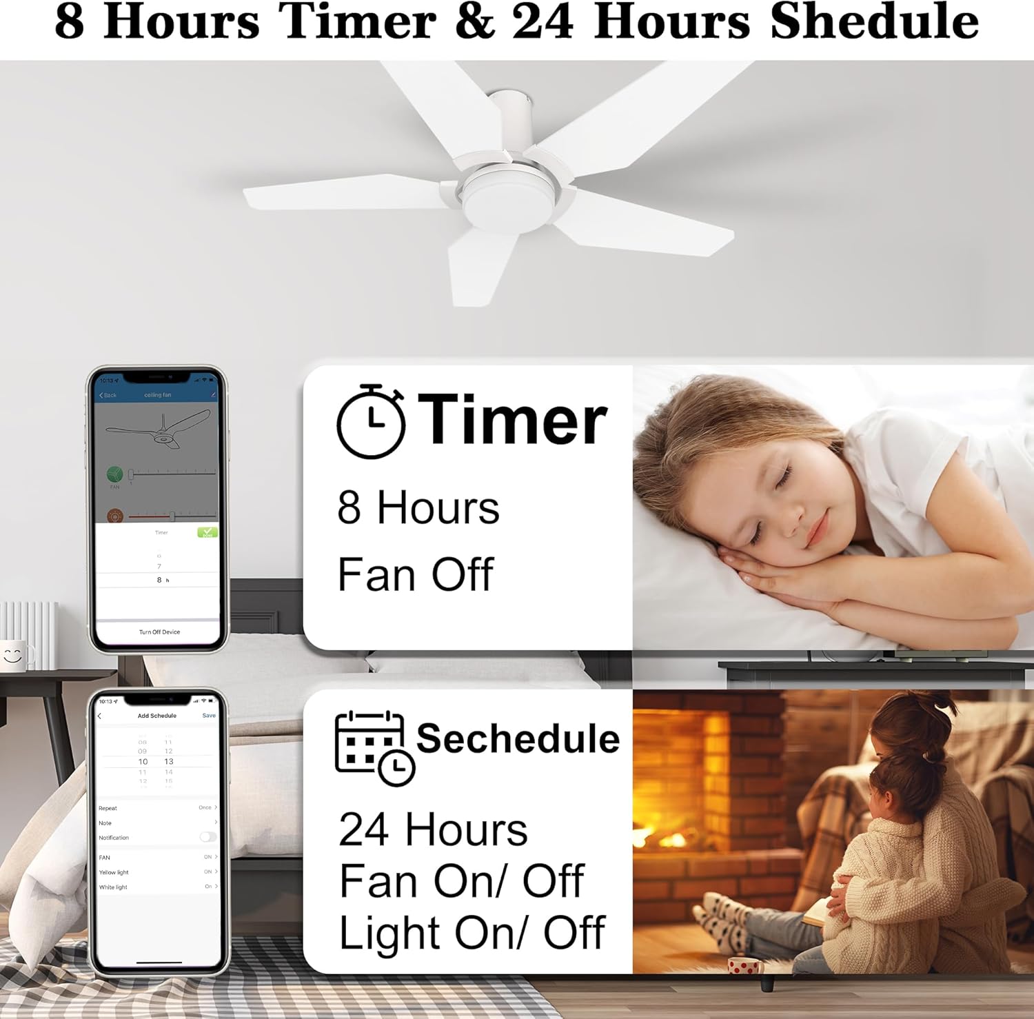 SMAAIR Flush Mount Ceiling Fans with Remote, 48 inch Indoor and Outdoor Ceiling Fan with Lights, Low Profile Ceiling Fan with Schedule and Timer Works with Alexa/Google Assistant/Siri Shortcut(White)