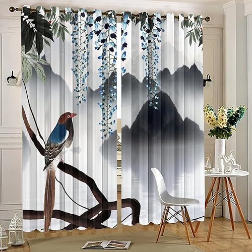 Miniatura 5 de Cortinas opacas para oscurecer la habitación con ojales, diseño de flores japonesas con ojales, arte retro de primavera y ramas florales, arte de