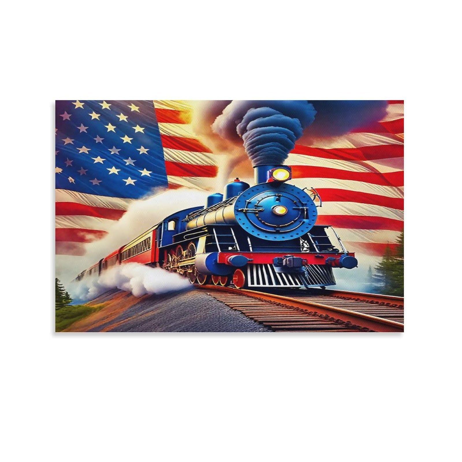 CPLVKWRQJ Skeleton Train Rider with Eagles Individual Vintage Steam Train Us Flag Sunrise Backdrop Canvas Wall Decor - Nursery Wall Hanging Space Saving Removable Ready to Hang 20x30inch(50x75cm)