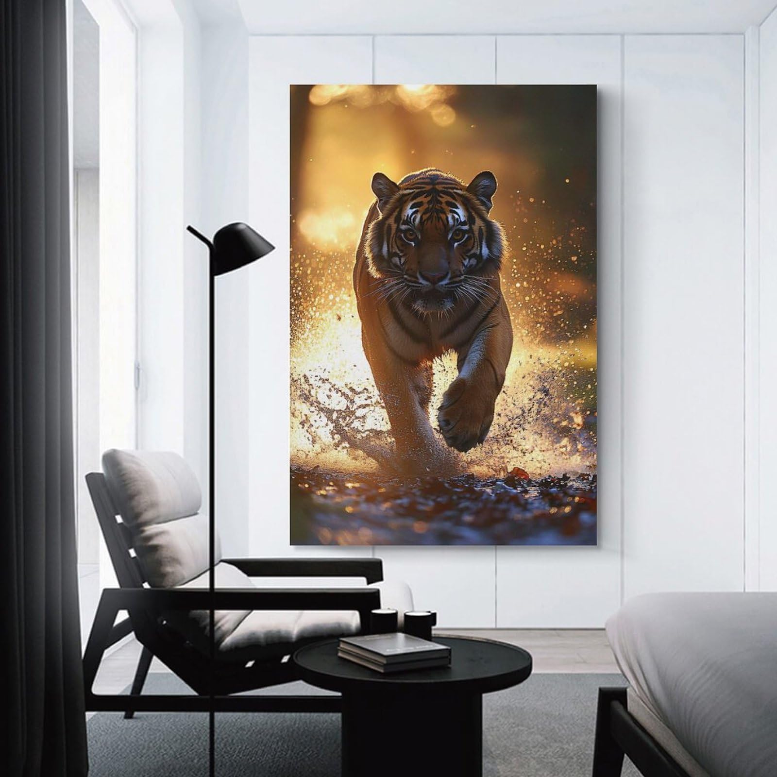 Junmoney Unframe-Style-5 Tiger Running Through Water At Sunset Canvas Wall Art, 20X30inch(50X75cm), For Workspace Walls, Study Corners Or Bedrooms, An Interior Accent For Desk Areas