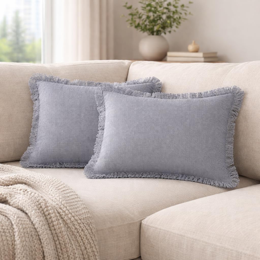 Pillow Covers Set of 2 – Decorative Self Fringes Throw Pillow Cases –14x20 Inch 90% Cotton,10% Linen Cushion Covers for Sofa, Couch, Bedroom, Living Room Décor – Grey Decorative Pillow Covers