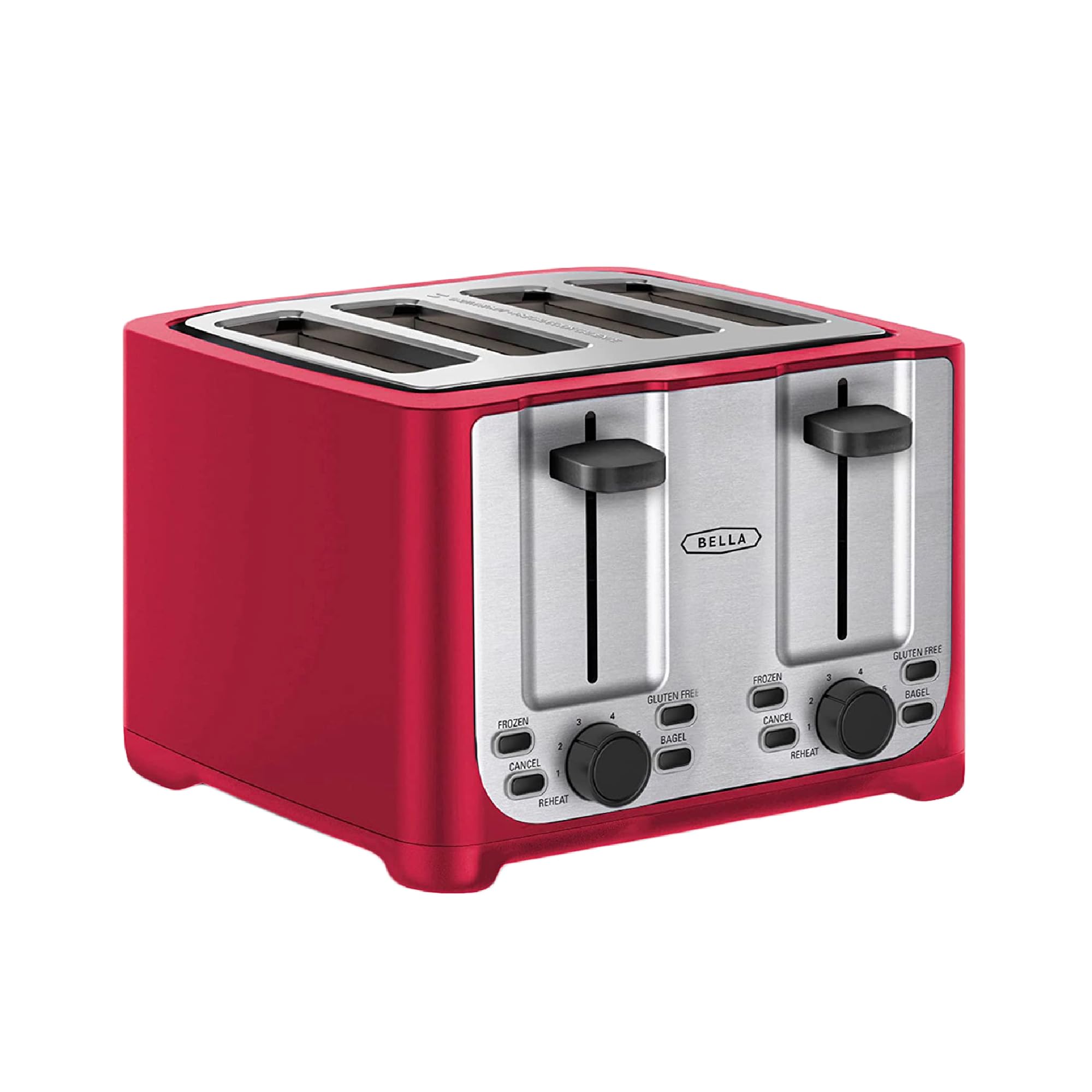 bella 4 Slice Toaster with Auto Shut Off, Extra Wide Slots &amp; Removable Crumb Tray and Cancel, Defrost &amp; Reheat Function, Toast Bread &amp; Bagel, Red