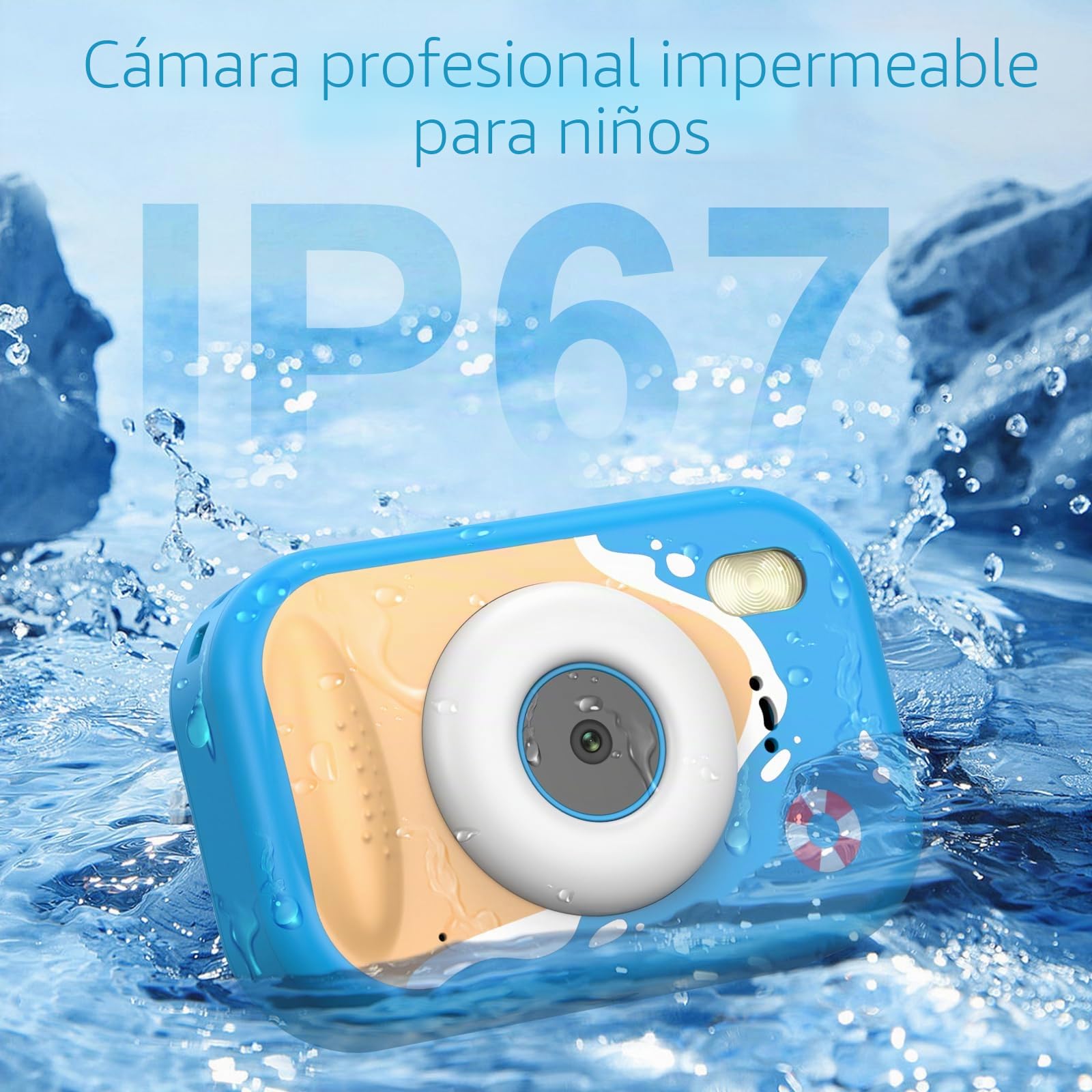 Cámara Fotos Infantil, 48MP HD 1080P Cámara Acuática para Niños con Pantalla de 2,4 Pulgadas + SD 32GB Ideal para Deportes Acuáticos, Natación y Playas (Azul)