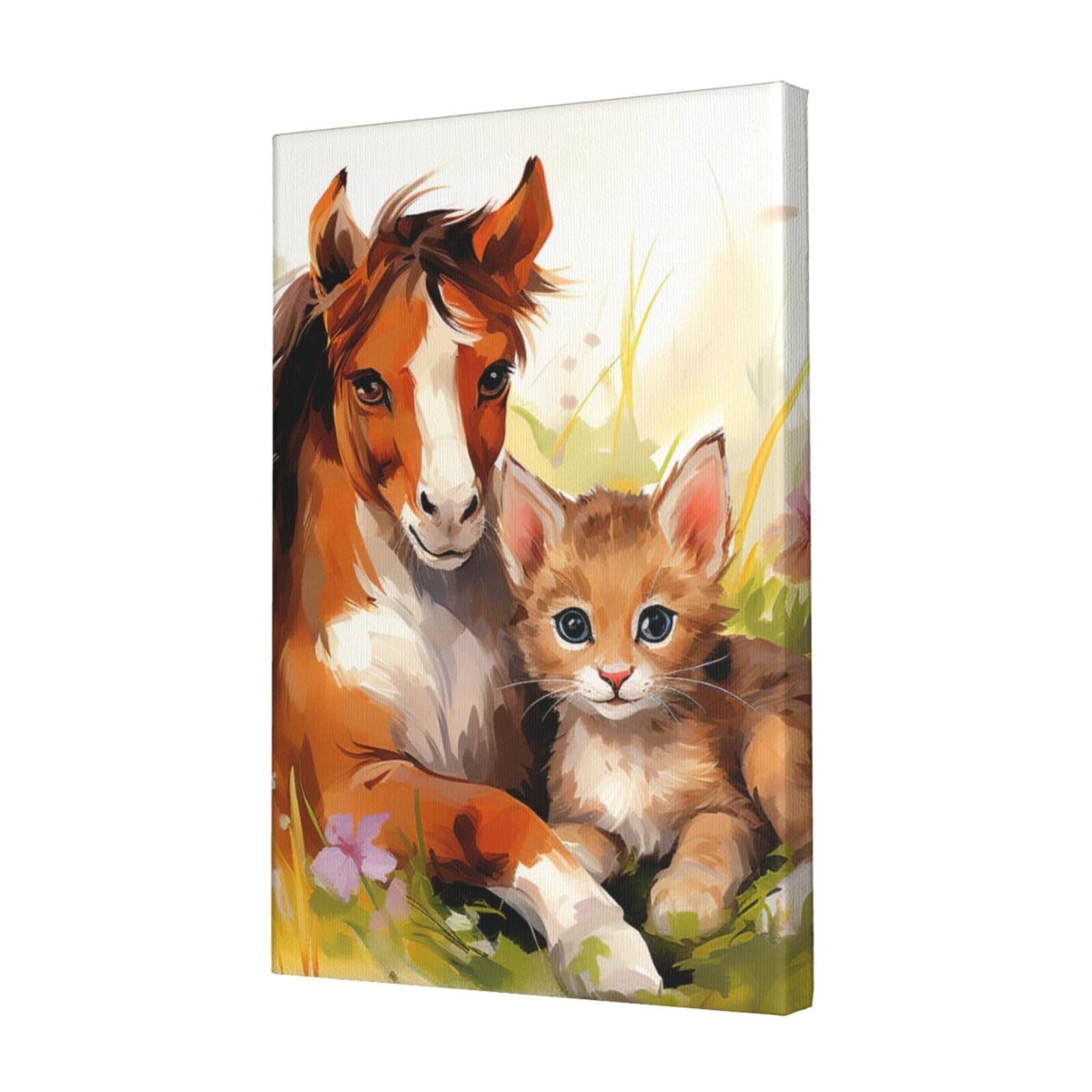 FodPand Cute Horse and Cat Canvas Wall Art for Living Room Wall Decor 12"x18" Modern Artwork Painting Pictures Hanging Canvas Prints Aesthetic Wall Art for Bedroom Bathroom Office Wallart Decor