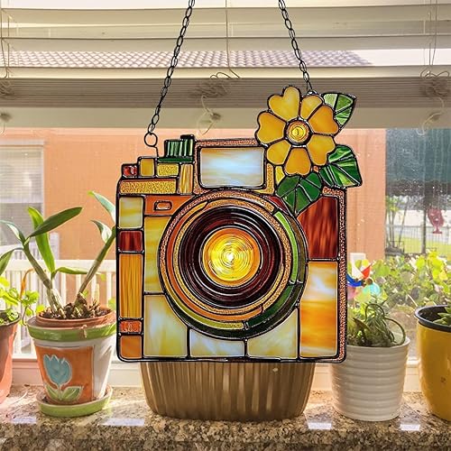 Miniatura 4 de Atrapasoles de cámara vintage retro de acrílico con efecto de vidrio manchado para ventana, colgante de coche, adorno navideño para interior y Como