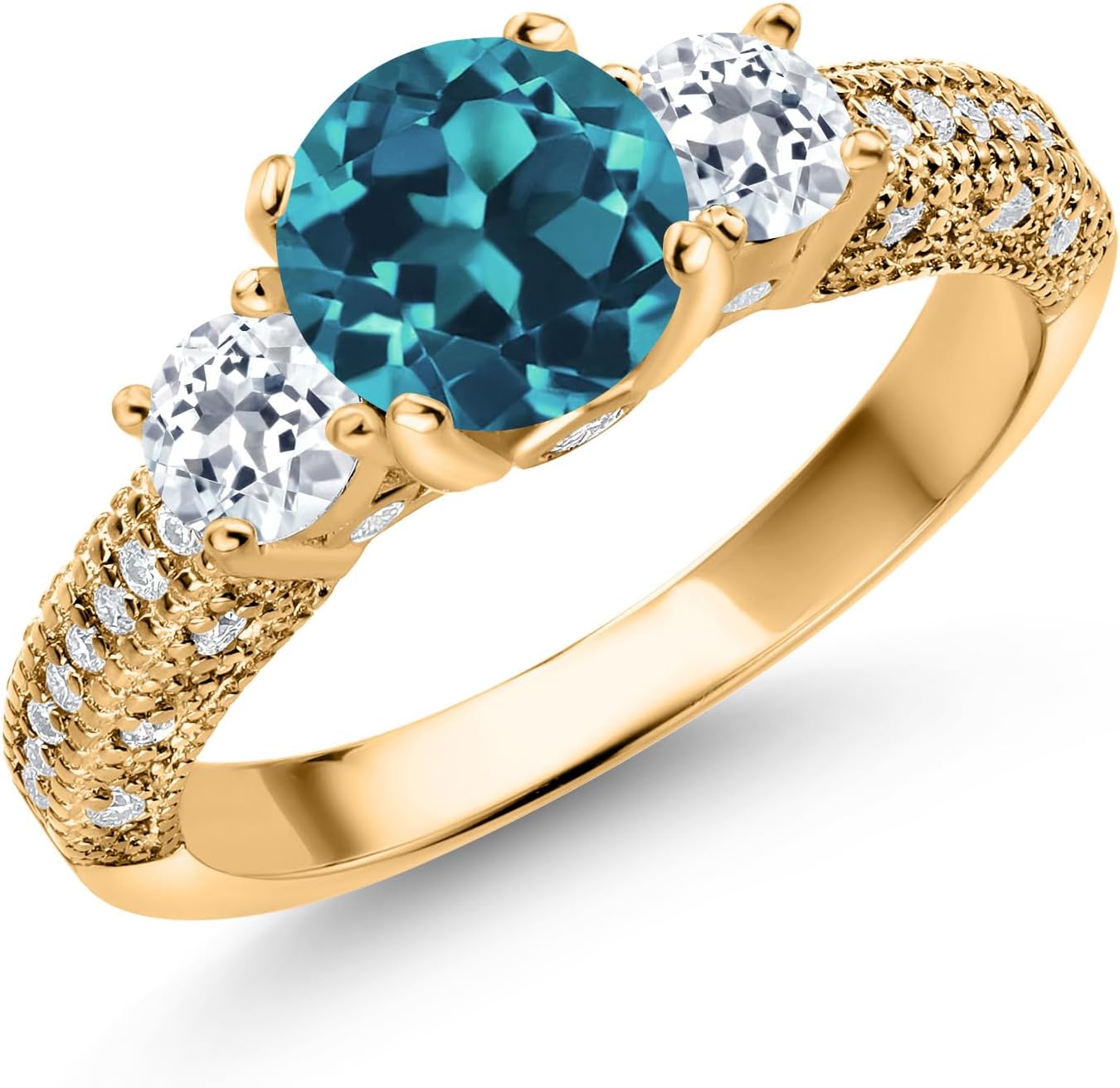 Gem Stone King 18K Yellow Gold Plated Silver London Blue Topaz White Topaz and White Moissanite Engagement Ring For Women | 2.44 Cttw | Round 7MM and 4MM | Wedding Engagement Anniversary Ring