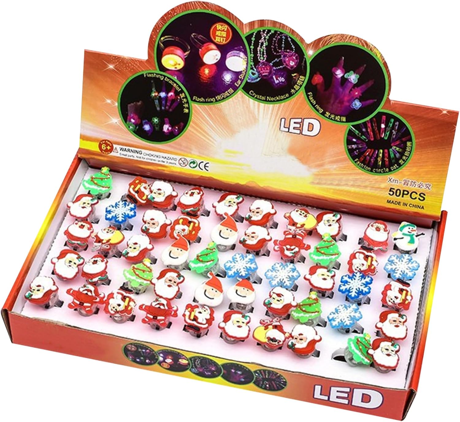 Glow Rings for Kid 50PCS 3D Christmas Light up Rings Open Adjustable