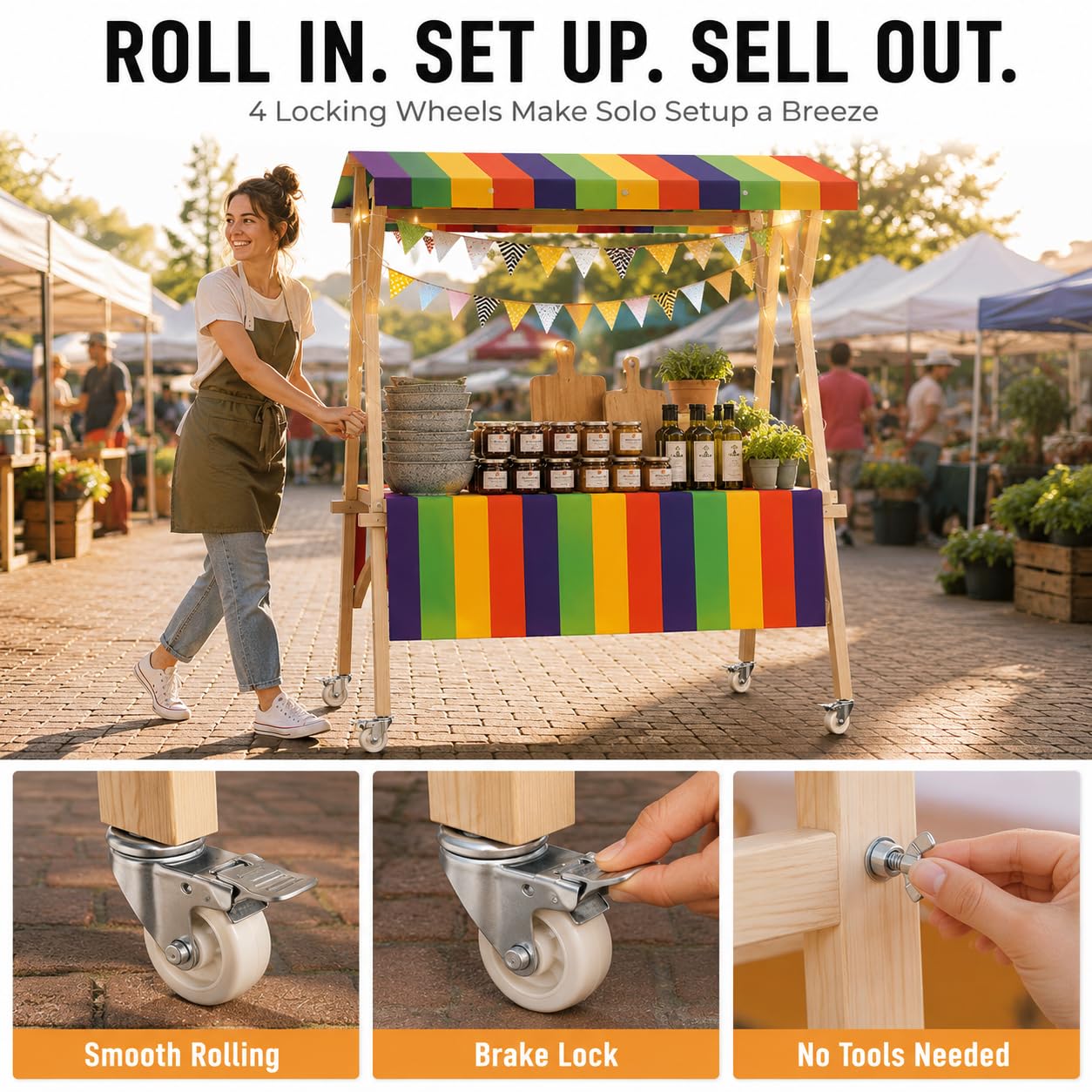 Bancarella Mercato in Legno con Tettoia Esterno e Ruote, Carretto Venditore Ambulante Portatile per Stand di Cibo, Carrello del Venditore per Caffè, Gelati, Fiori e Mercatini green M