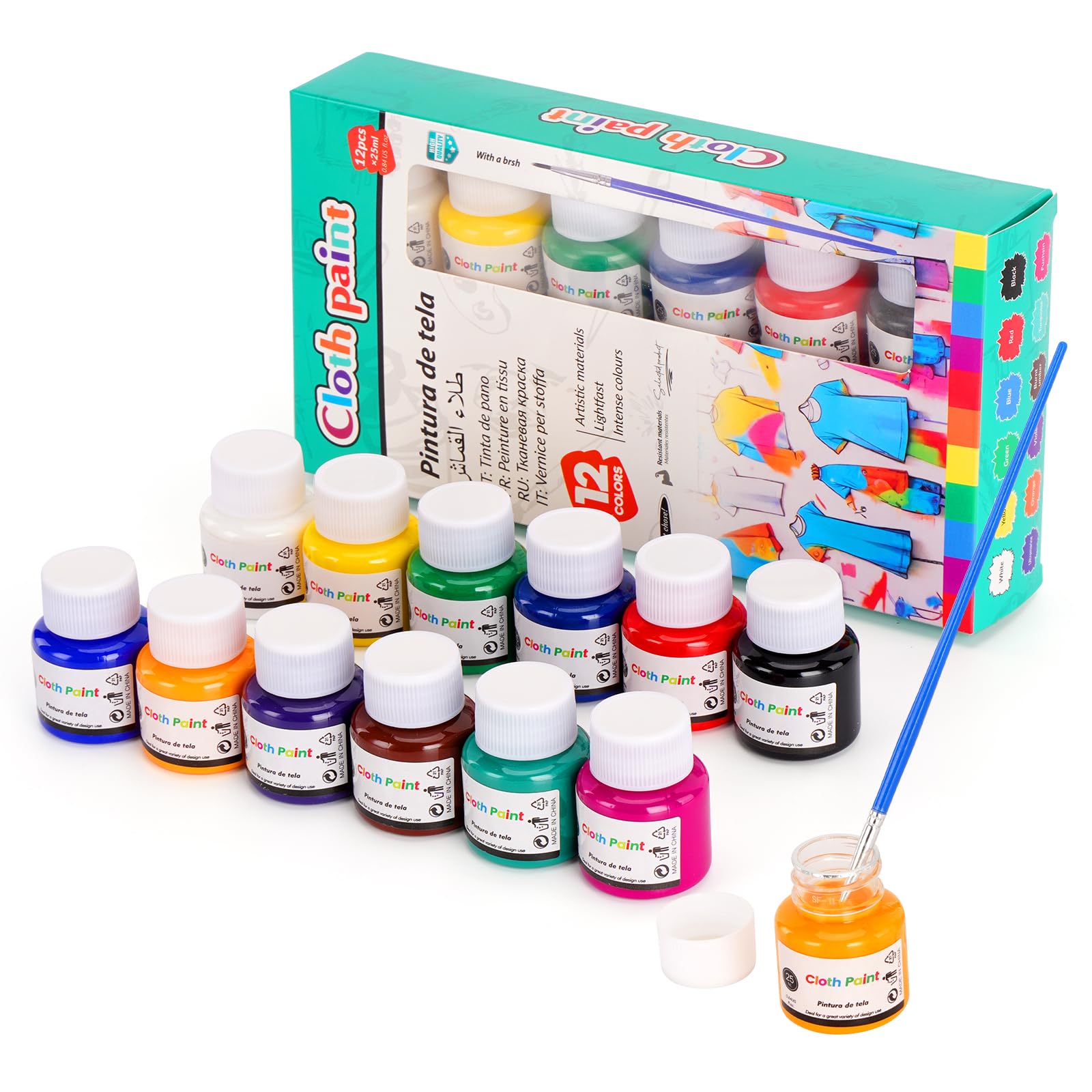 TOVIKI Fabric Paint 12 Colours 25ml, No Heat Permanent
