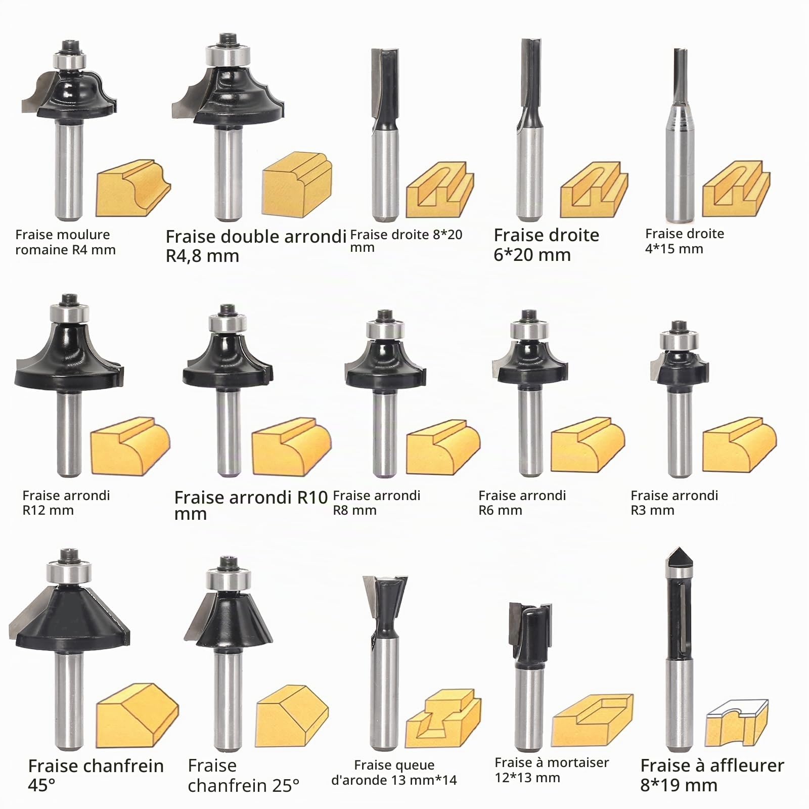 Lot de 30 fraises de défonceuse HM, tige de 8 mm, dans un coffret en bois avec roulement en 3 pièces, pour le bricolage du bois, défonceuse (tige 8 mm, lot de 30 pièces)