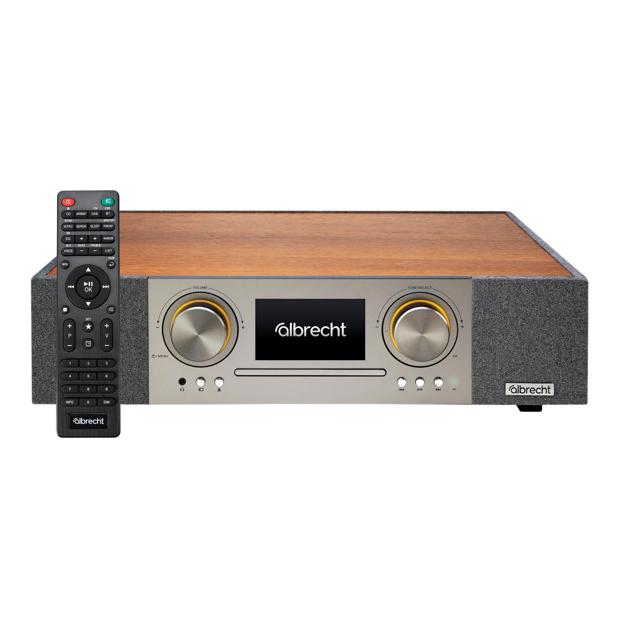 Albrecht DR 1000 All-In-One Soundsystem, Soundbar 2.1 mit 30 Watt Subwoofer, Clear-Voice, Internet-Radio, DAB+, CD-Player, Musik-Streaming, HDMI, braun/grau