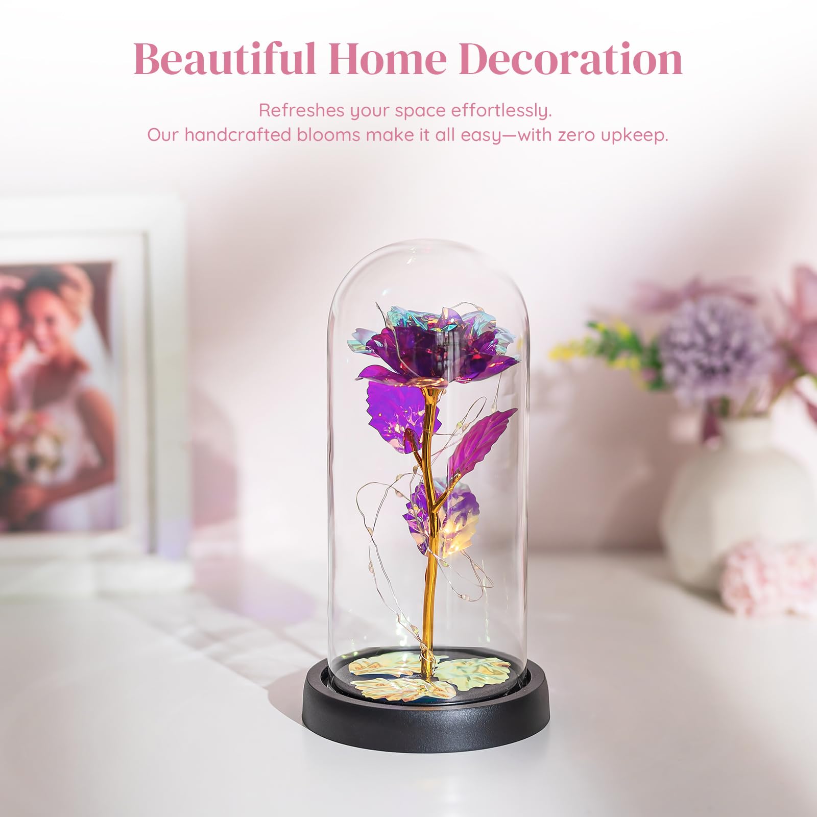 Glasseam La Bella Y La Bestia Rose En Cúpula De Cristal Luces LED Crystal Rose Flowers Regalo para Cumpleaños Aniversario San Valentín Boda Novia Esposa Mujeres