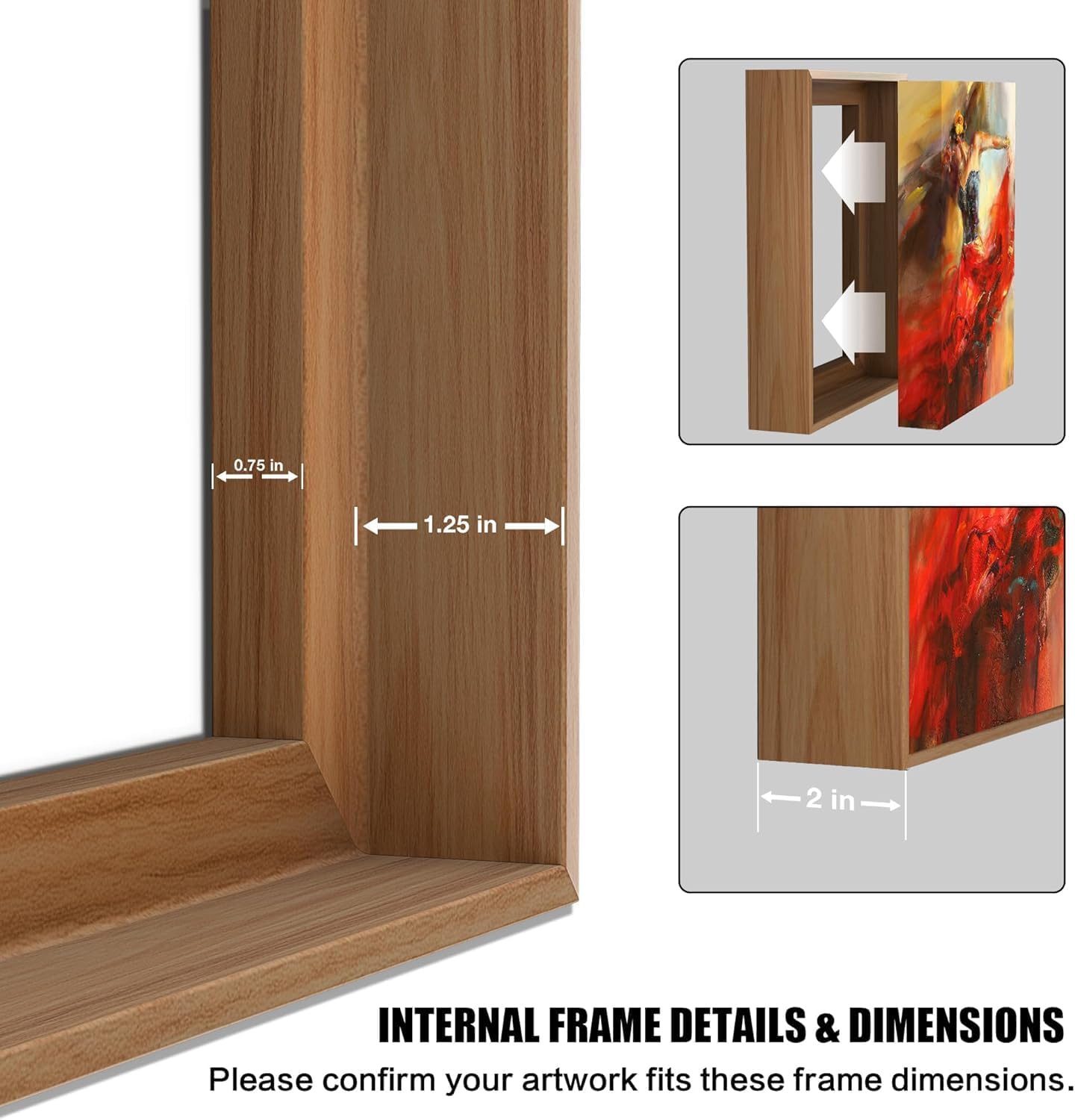 P&L ART. Canvas Floating Frame (Floater Frame) for 1.25 Inch Deep or Thinner Stretched Canvas, Gallery Gap Look, Wall Mount, Hardware Included, Matte Finish, Sizes & Colors (Light Brown, 24x36)