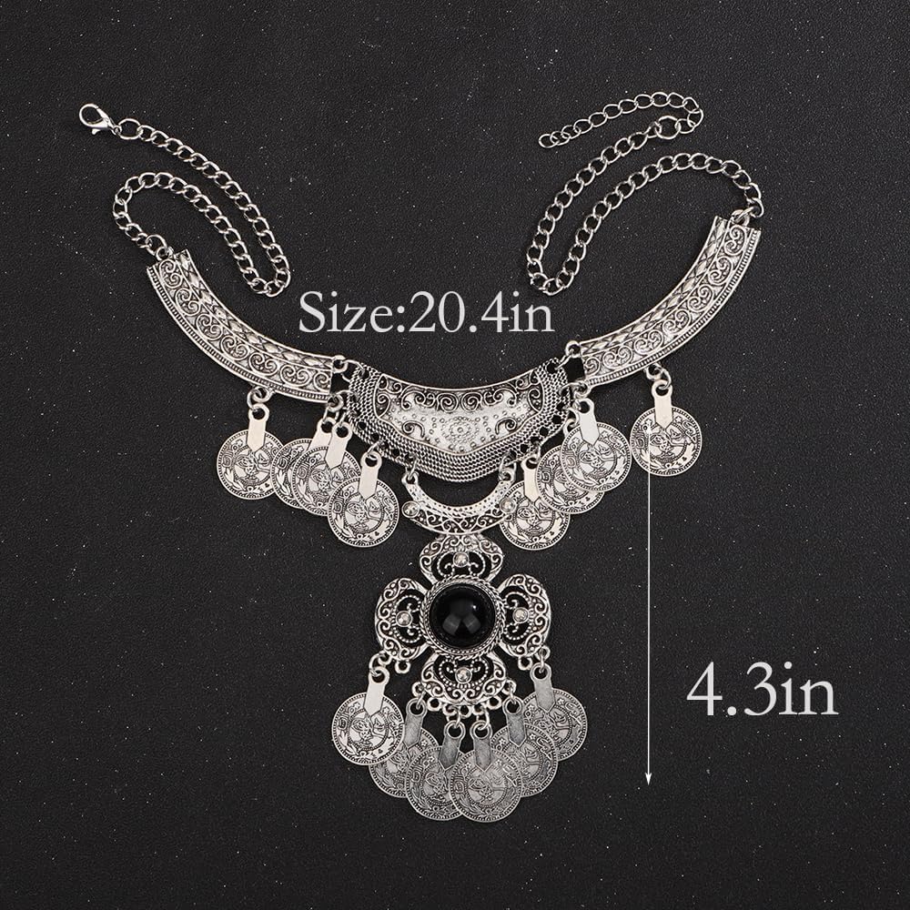Wiwpar Vintage Chunky Long Tassel Coin Pendent Statement Necklace Boho Collar Choker Antique Silver Engraved Coin Tassel Punk Ethnic Style Costume Necklace for Women Girls Party Halloween - Image 5