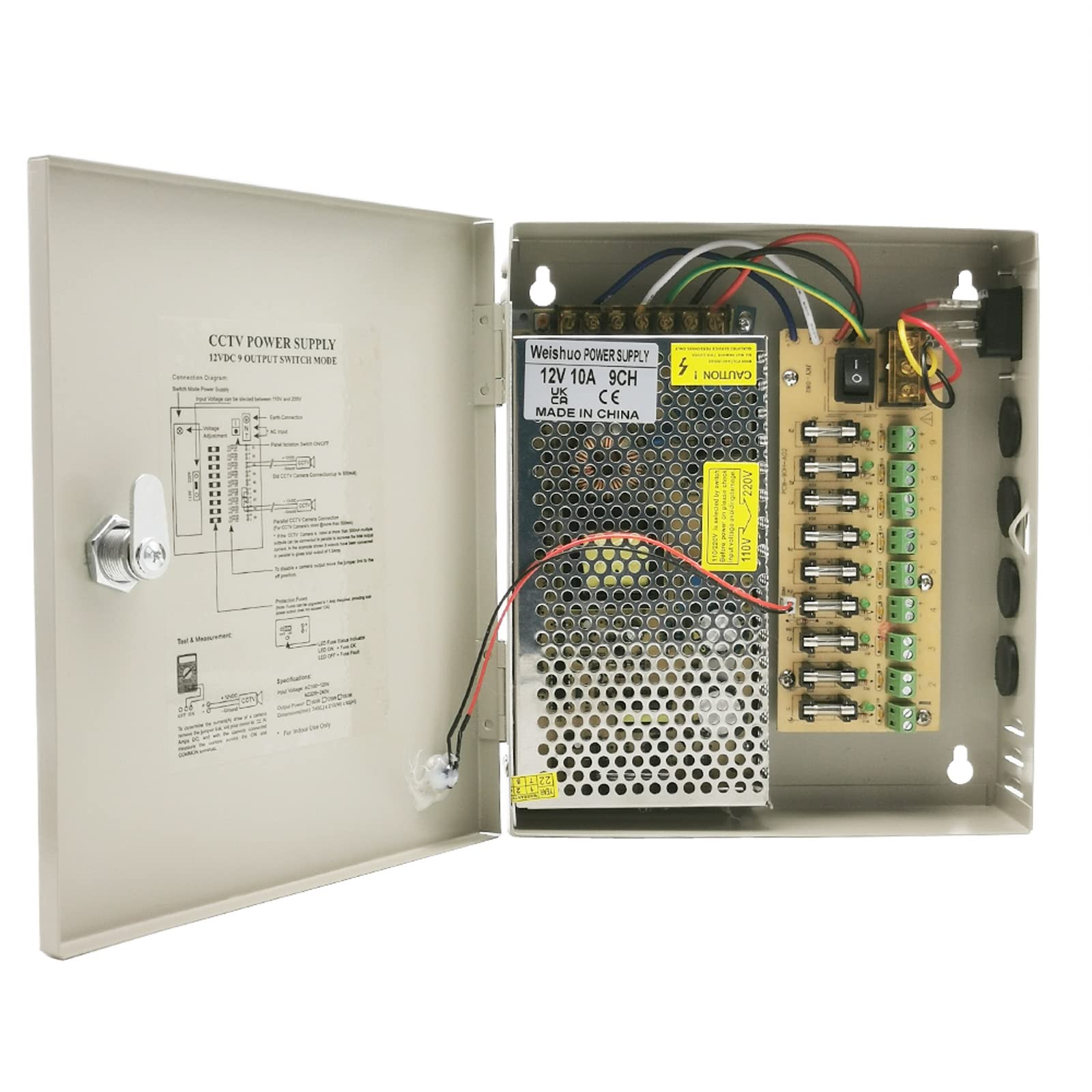 12 V 10 A 120 W Obudowa Zasilania CCTV 9-Kanałowe Wyjście, Zasilacz Sieciowy z Gniazdem AC, Skrzynka Zasilająca do Kamer Monitoringu, Rejestratorów DVR i Taśm LED