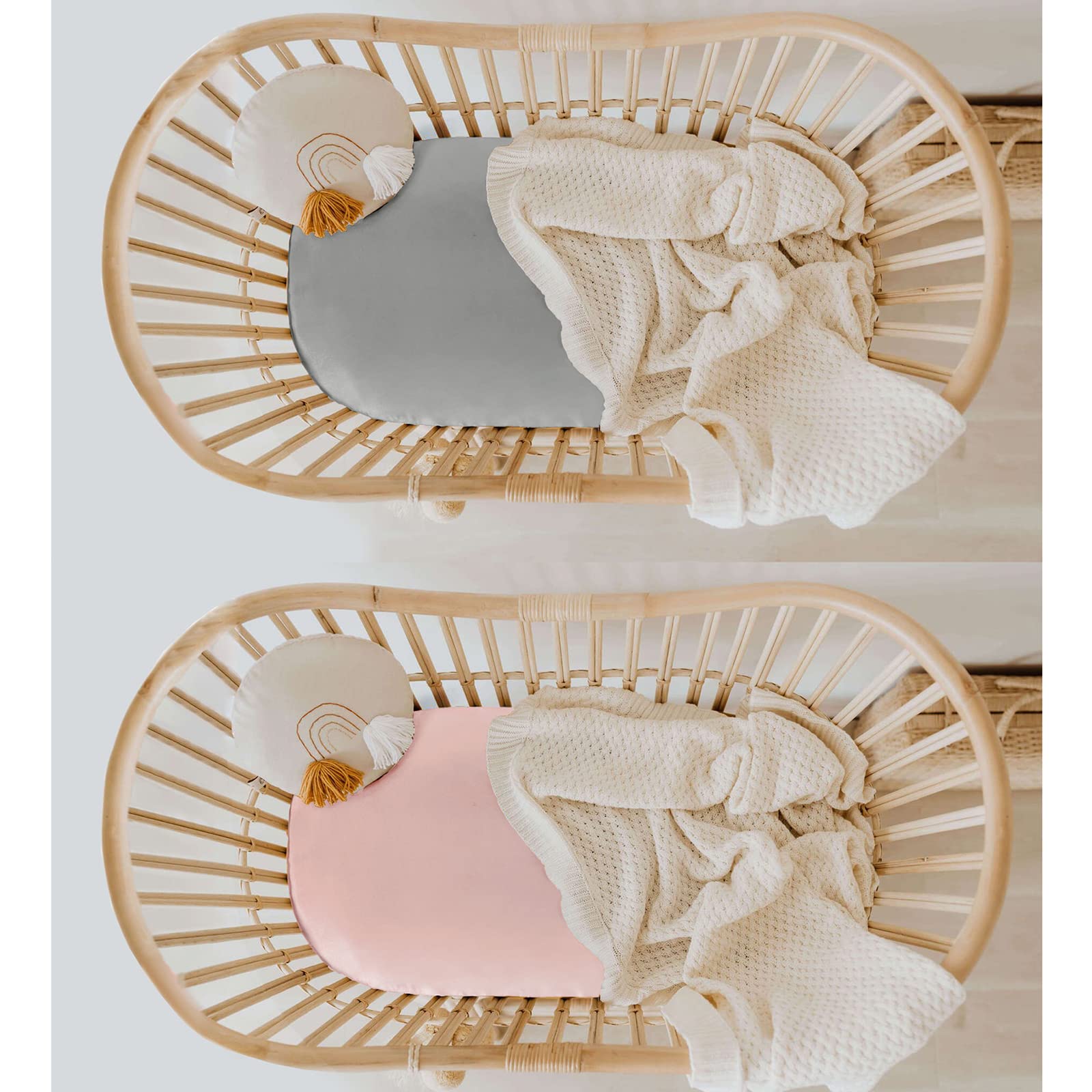 SiinvdaBZX Lot de 2 draps de berceau en satin pour cheveux de bébé, draps-housses doux et soyeux pour matelas de berceau en sablier, ovale et rectangulaire (gris clair et rose)