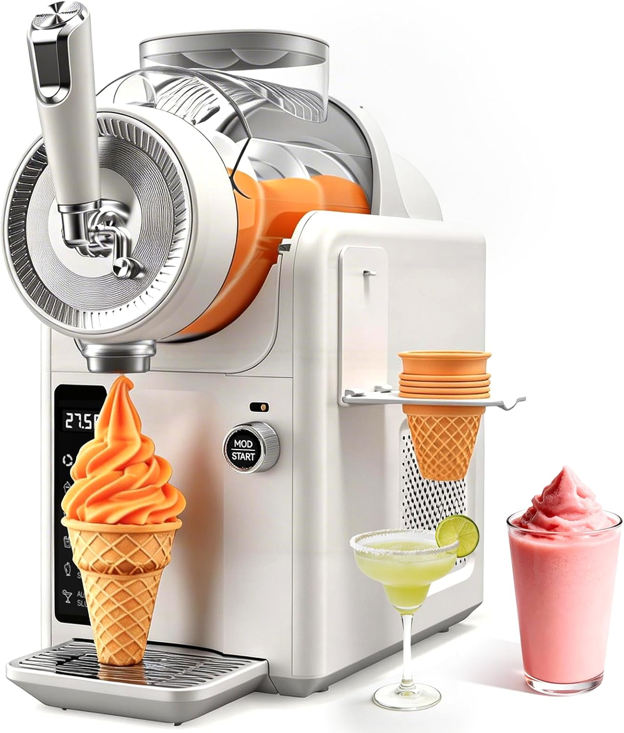 SYINTAO Slushie Machine No Ice Needed, 2-in-1 Frozen Drink & Soft Serve Ice Cream Maker, 75oz Self-Chilling Slushy Maker with 5 Presets, LED Display & Auto Clean for Home & Party (White)
