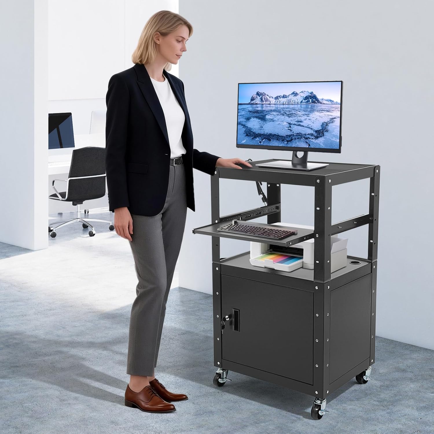 Projector Cart AV Cart with Power Strip, Rolling Media Cart with Wheel, Pullout Tray, Storage Cabinet, 31.5" to 43" Height Adjustable Heavy Duty Computer Workstation for Laptop Projector Printer Black