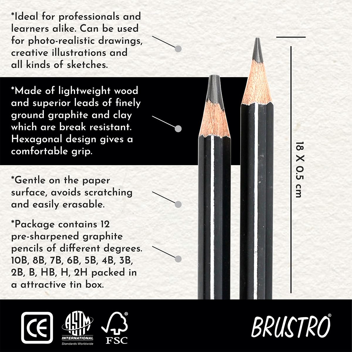 BRUSTRO Artists Fineart Graphite Pencil Set of 12 (10B-2H) with Elegant Tin Box| Pre-Sharpened, Break Resistant, Lightweight, Ideal For Writing, Drawing, Sketching, Illustrations. — Amazon image 6