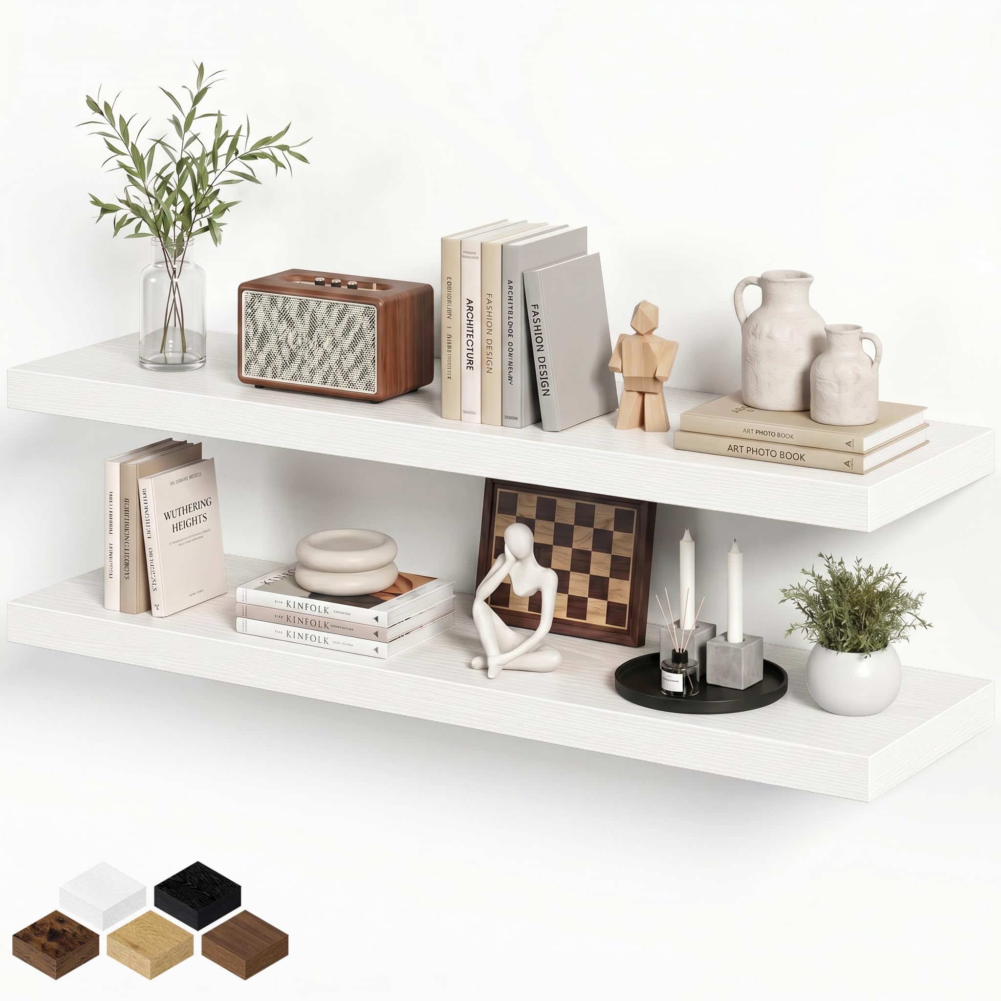 Fun Memories 90cm Floating Shelves, Wall Shelves Set of 2 for Bathroom/Living Room/Bedroom/Kitchen, White Floating Shelf for Wall Decor with Invisible Brackets