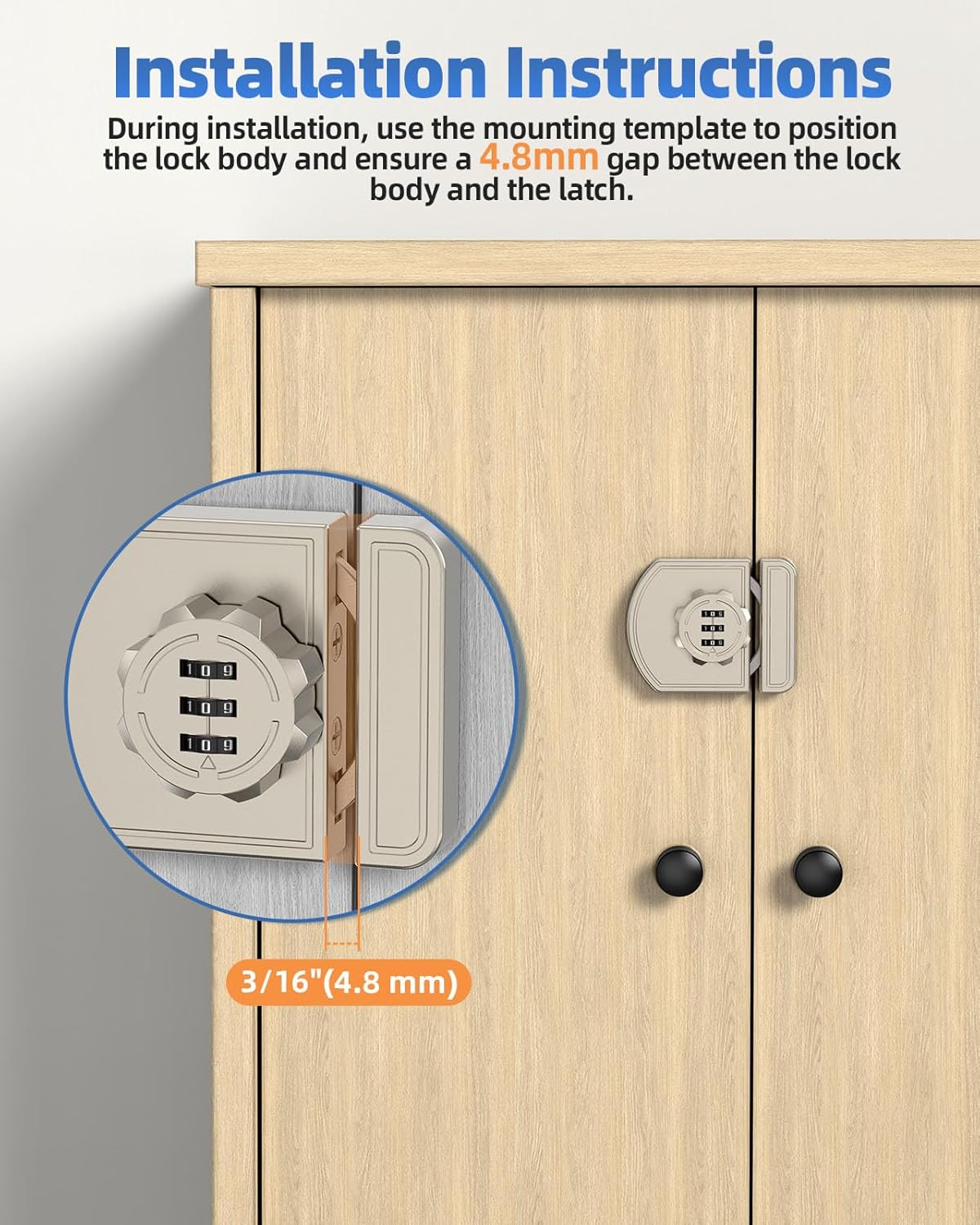 180 Degree Combination Cabinet Lock, Keyless 3 Digit Password Lock, Anti Pry Zinc Alloy Mechanical Sliding Door Lock for Cupboard, Closet, Drawer (2, Nickel)