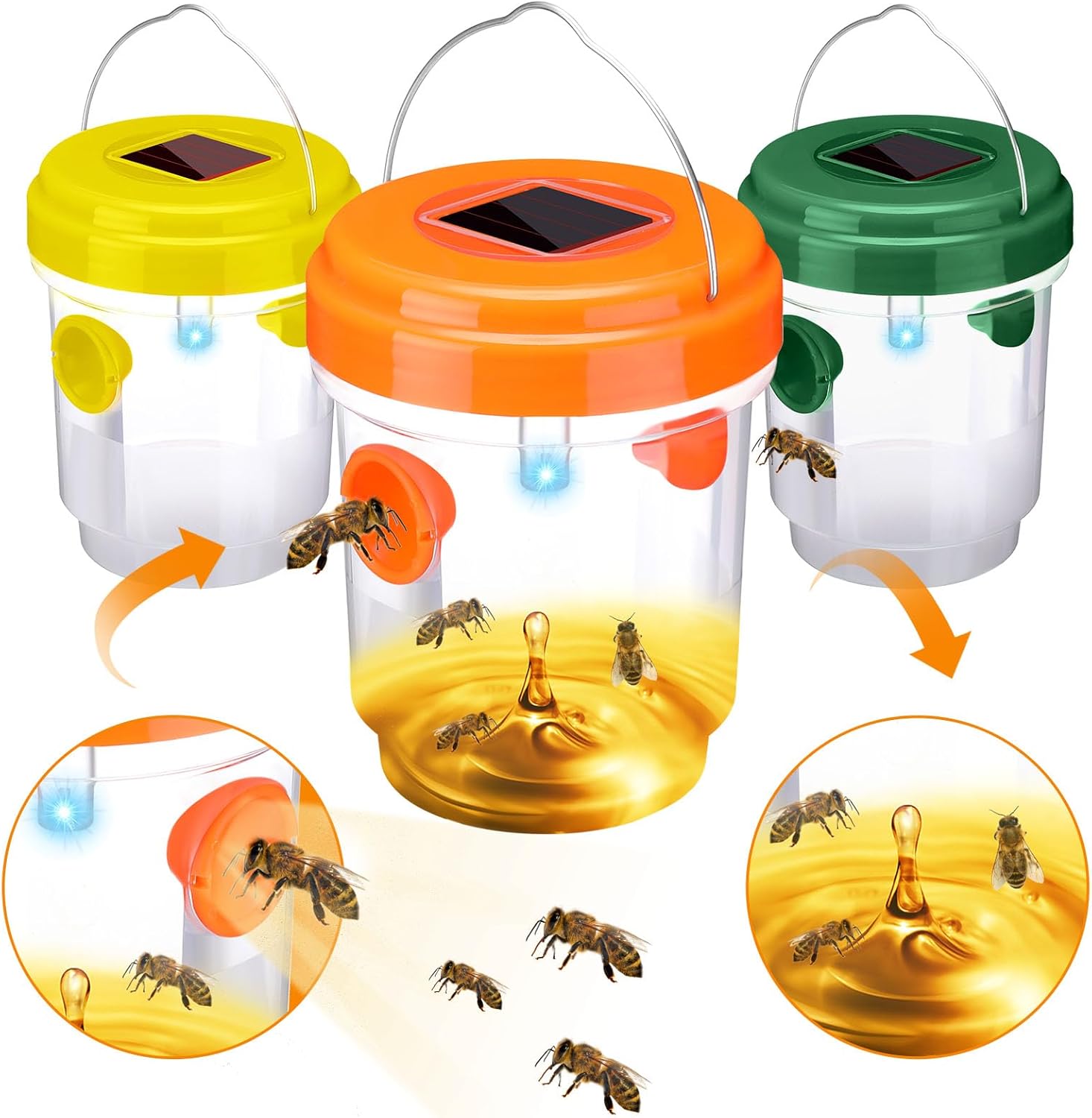 6 Pack Wasp Trap Solar Powered Bee Trap Reusable Fly Traps Outdoor Hanging Wasp Killer with UV LED Light Flying Insect Bee Killer for Indoor Outside Patio Home(Orange, Green, Yellow,6 Packs)