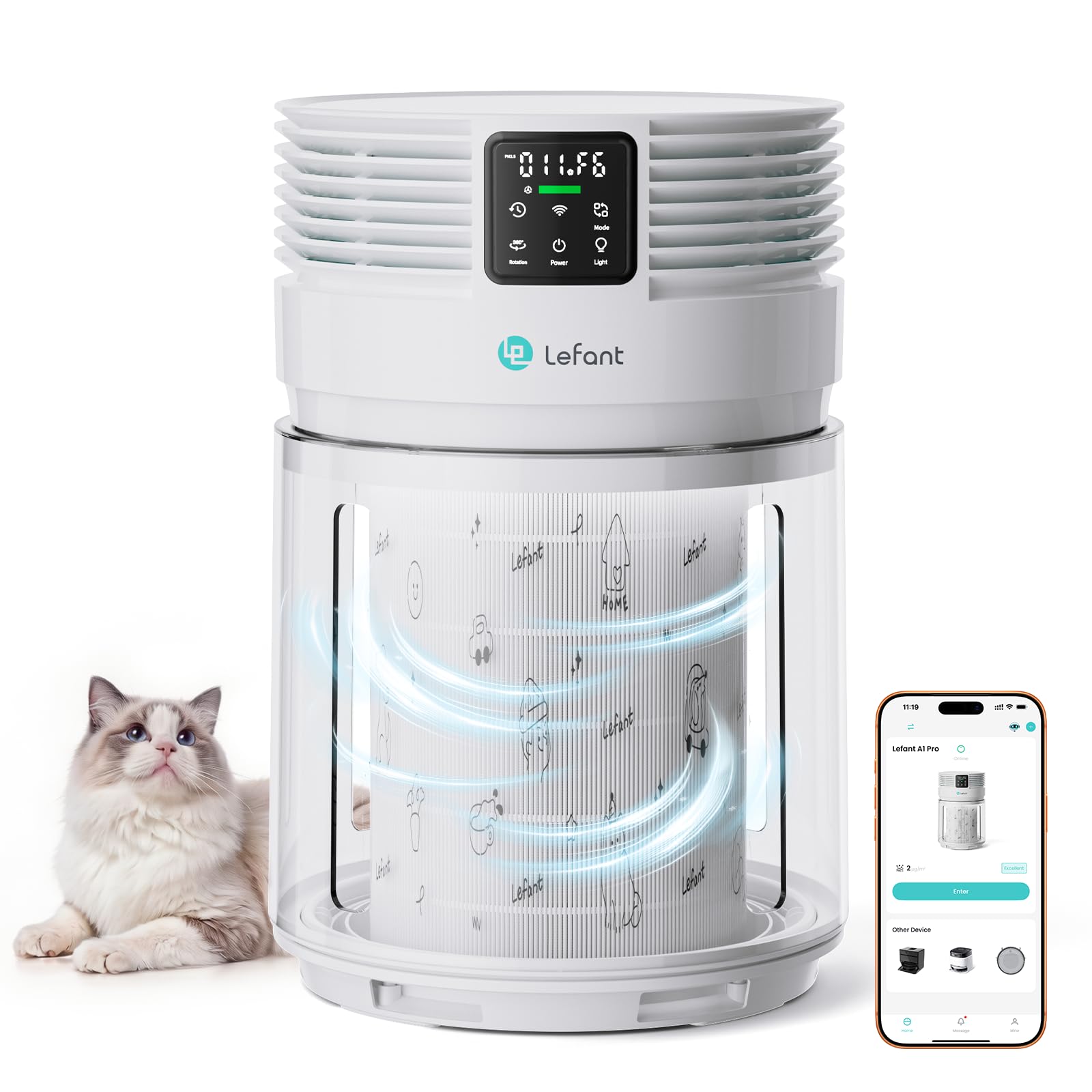 Lefant A1 Pro Purificatore d'Aria con Filtro HEPA,CADR350 m³/h,Sensor PM2,5 | Depuratore per casa con APP, Filtro Carboni Attivi, Pulizia a 360°, 108m², 28dB, Pet-friendly, anti fumo peli odori allergie