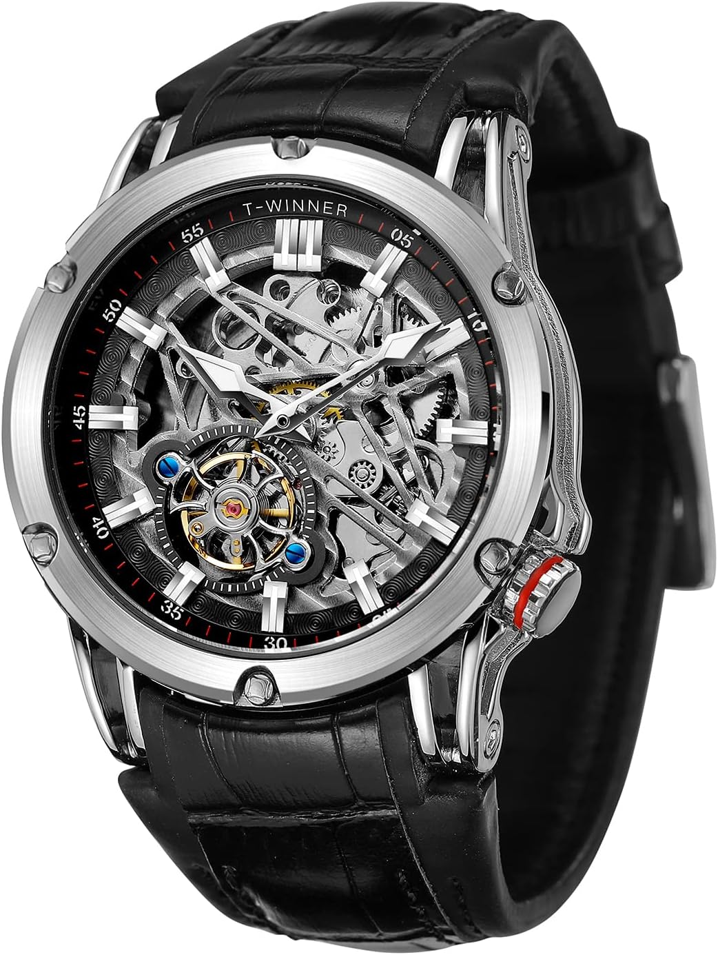 FORSINING Automatic Men Big FACE Watch Powerful Exotic TOURBILLON Skeleton Watch (Black and Silver)