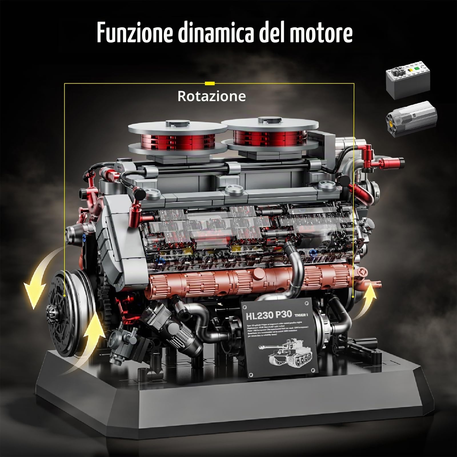 Technik Tiger Panzer Motor Bauspielzeug, Funzionante Motore di Veicoli Militari per Adulti da Costruire, MOC Meccanico Elettrico Set di Progetti per Hobby, Regali per Bambini Adolescenti 14+