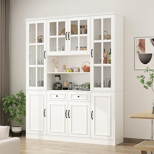 Homsee Tall Bookcase Bookshelf with 15 Storage Shelves, Drawers & 4 Glass Doors, Wooden Display Storage Cabinet with 15 Compartments for Home Office, Living Room, White (63" W x 15.7" D x 78.7" H)