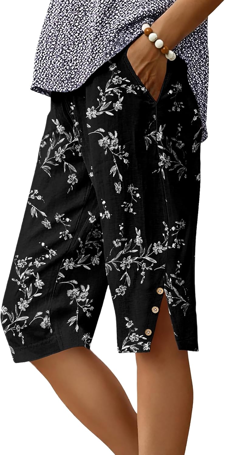 IWOLLENCE Women's Casual Summer Bermuda Shorts Side Split Button Deco Knee Length Long Shorts with Pockets