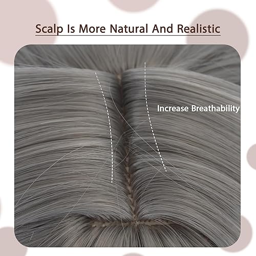 Miniatura 5 de Peluca gris para mujer, cabello largo y gris hacia arriba, peluca de anime sintética de longitud media gris, para niñas, para juegos, cosplay,