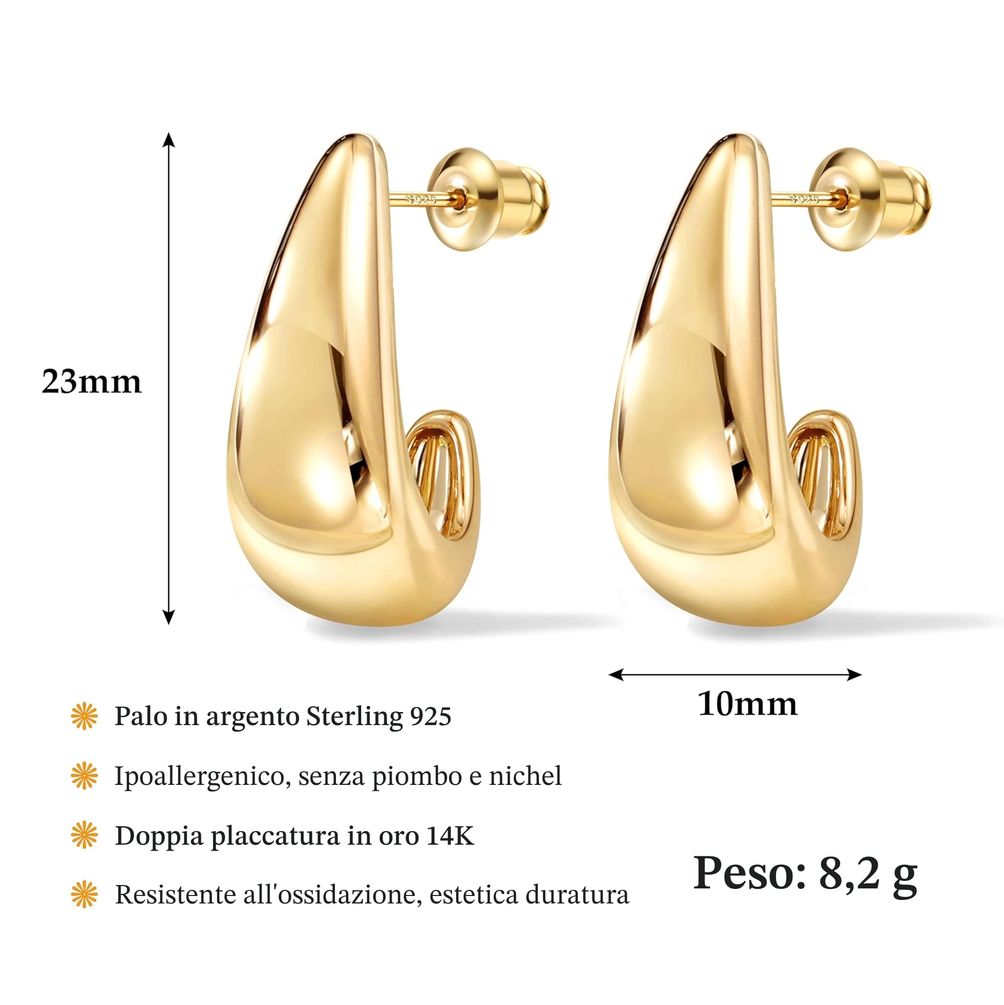 DOCHAIS Orecchini a cerchio in argento sterling 925 Chunky Huggie da donna, placcati in oro 14 carati, a forma di lacrima e cupola, ipoallergenici, oro/argento/oro rosa, regalo per donne