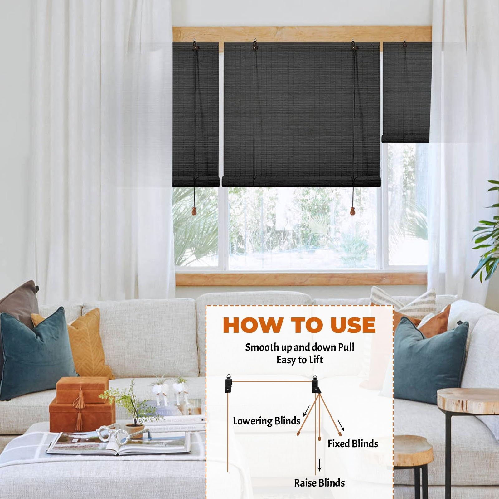 Store Bambou Intérieur Exterieur Store Enrouleur 80% D'occultation Roseau Rideau de Paille Pour Pergola Jardin Balcon Cuisine Bureau 50-180cm De Large Intimité Facile à Installer(W100xH200cm)