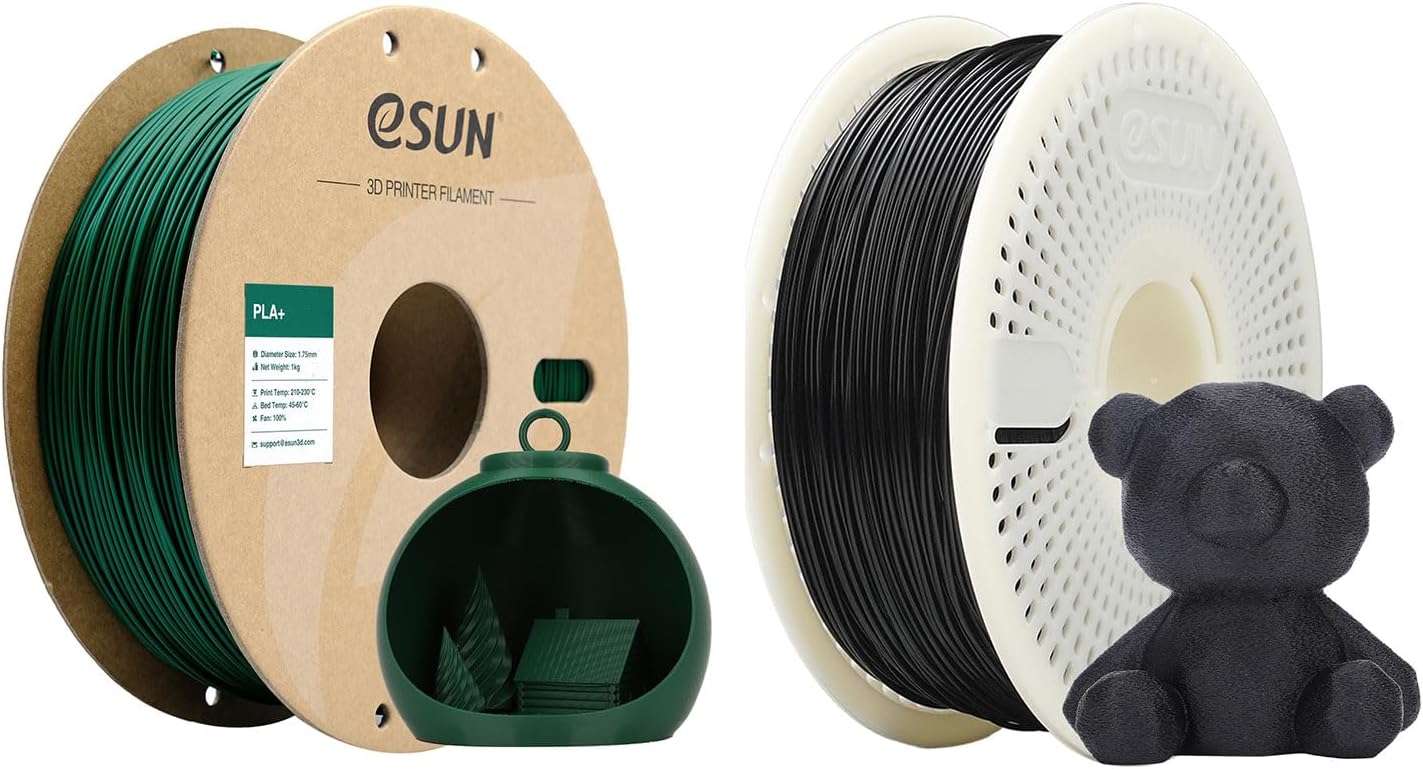 eSUN PLA+ Filament 1.75mm, 1kg Green PLA Plus Cardboard Spool + 1kg Black PLA Pro Reusable Spool Set, 3D Printing Filament