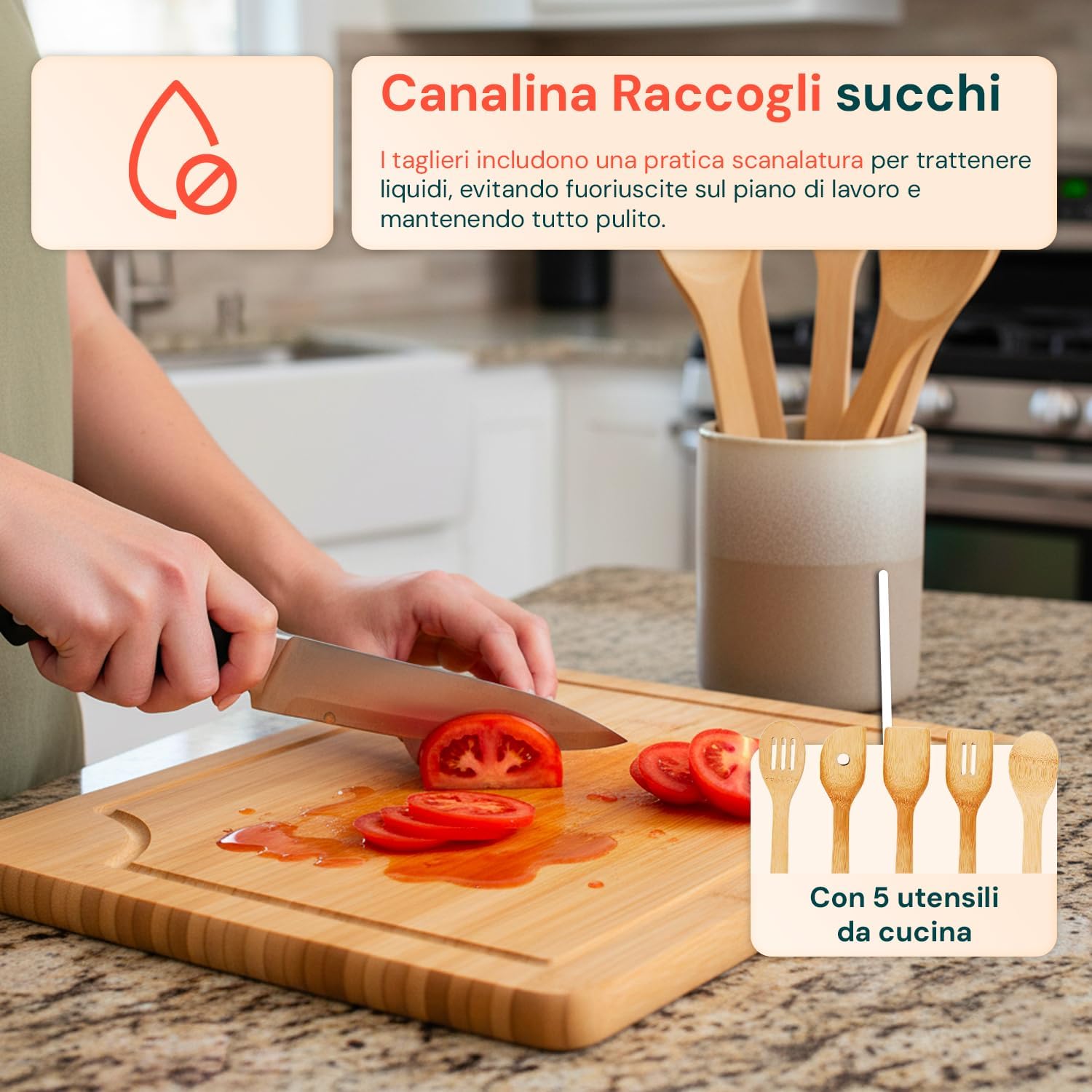 Bamboo Kitchen Chopping Board Set with 3 Sizes and 5 Ergonomic Utensils Ideal for Cutting, Preparing Ingredients and Daily Use with Durable Natural Material