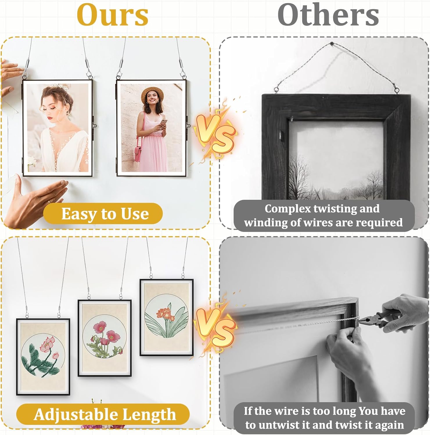 8 Pcs Adjustable Picture Hanging Wire Kit, 6.6FT Heavy Duty Stainless Steel Rope with Hooks for Hanging Pictures Mirrors Tool Free Cables Rope