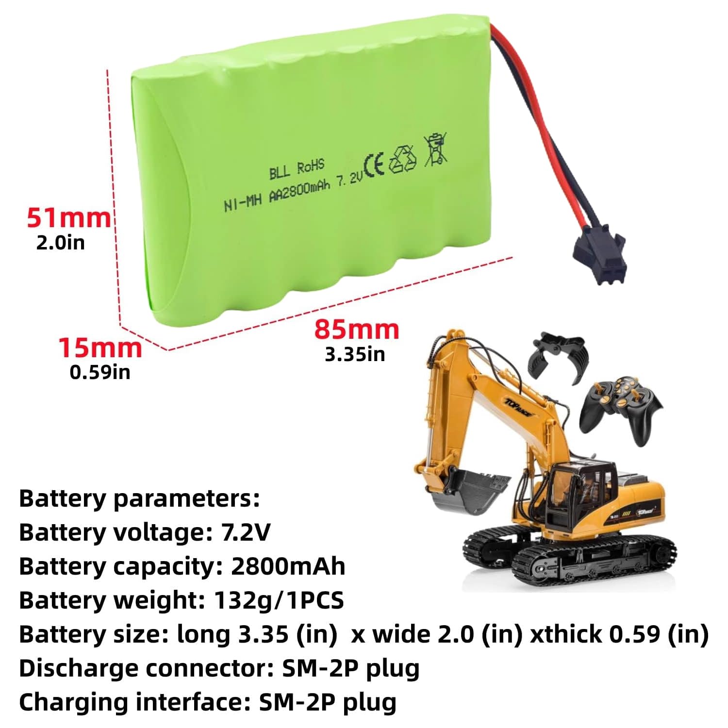 MOONZON 2PCS AA 7.2V 2800mAh Rechargeable Battery with SM-2P Plug and 2PCS USB Charging Cable for Huina 1550 550 Remote Control Excavator, Truck, Engineering Vehicle TR-211 RC Toys Spare Batteries