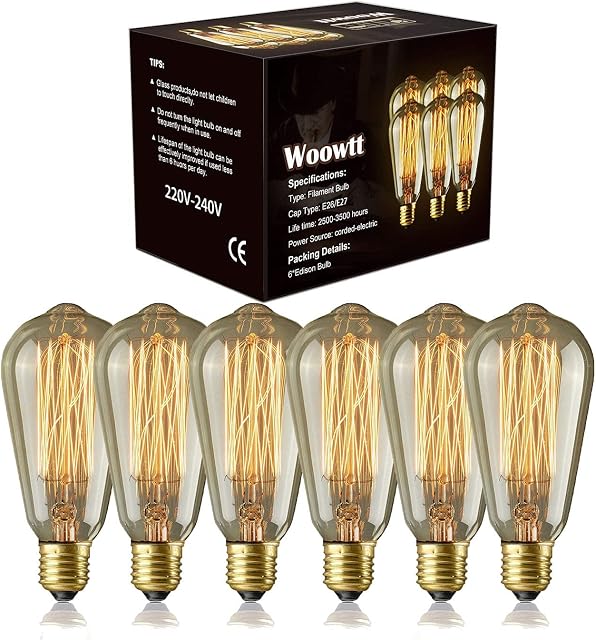 Edison Light Bulbs - Woowtt 6 Pack Classic Antique Bulb Style - Amber Warm - Dimmable - ST64 60W