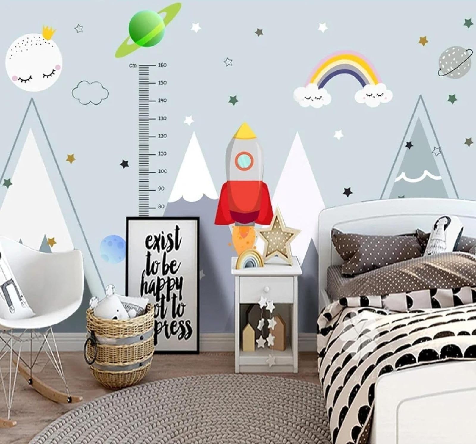 XLMING Hand Drawn Cartoon Rocket Space Rainbow 3D Wallpaper Premium Textured Silk Study Dining Living Room Bedroom Sofa TV Wall Easy Install-250cm×170cm