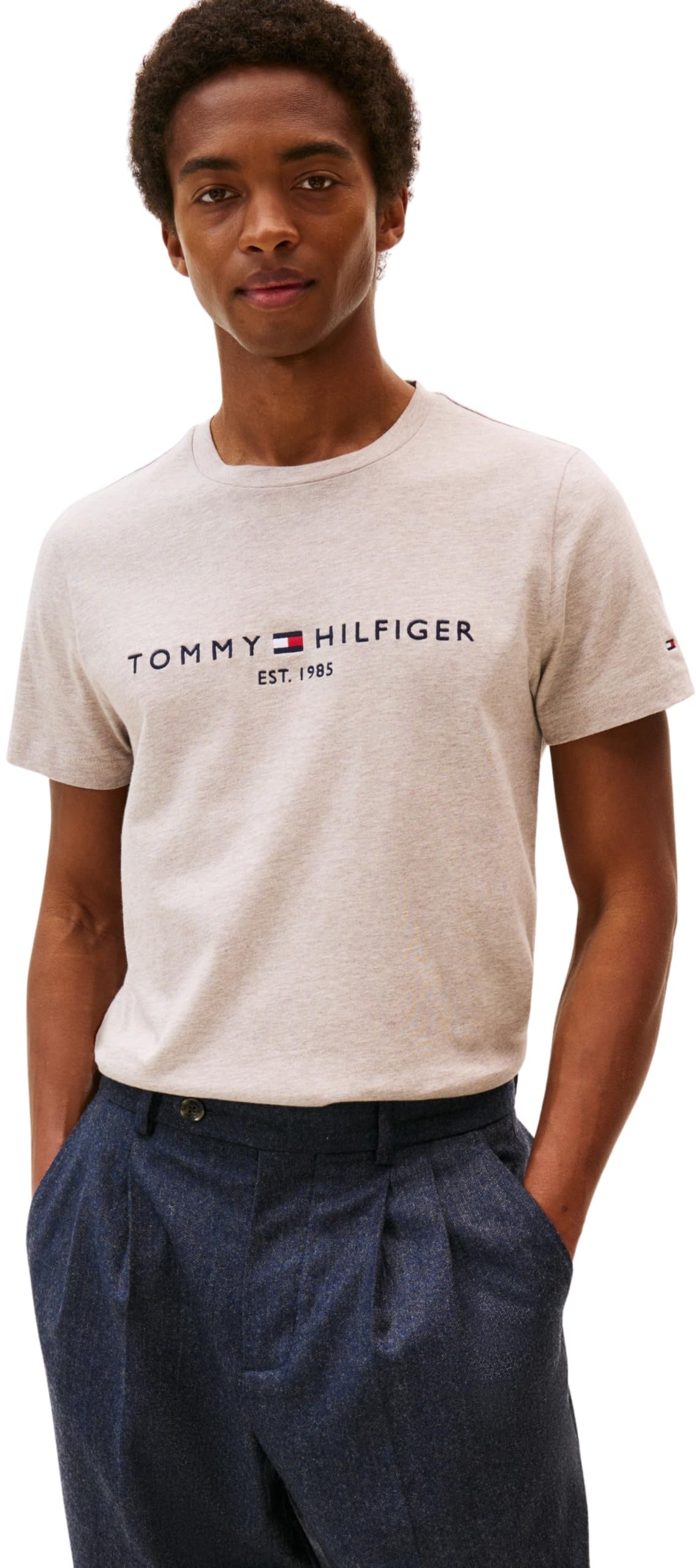 Tommy Hilfiger Men's Brown (Heathered Pebble) ’S Short Sleeve Slim Fit T-Shirt, Beige (Heathered Pebble), M